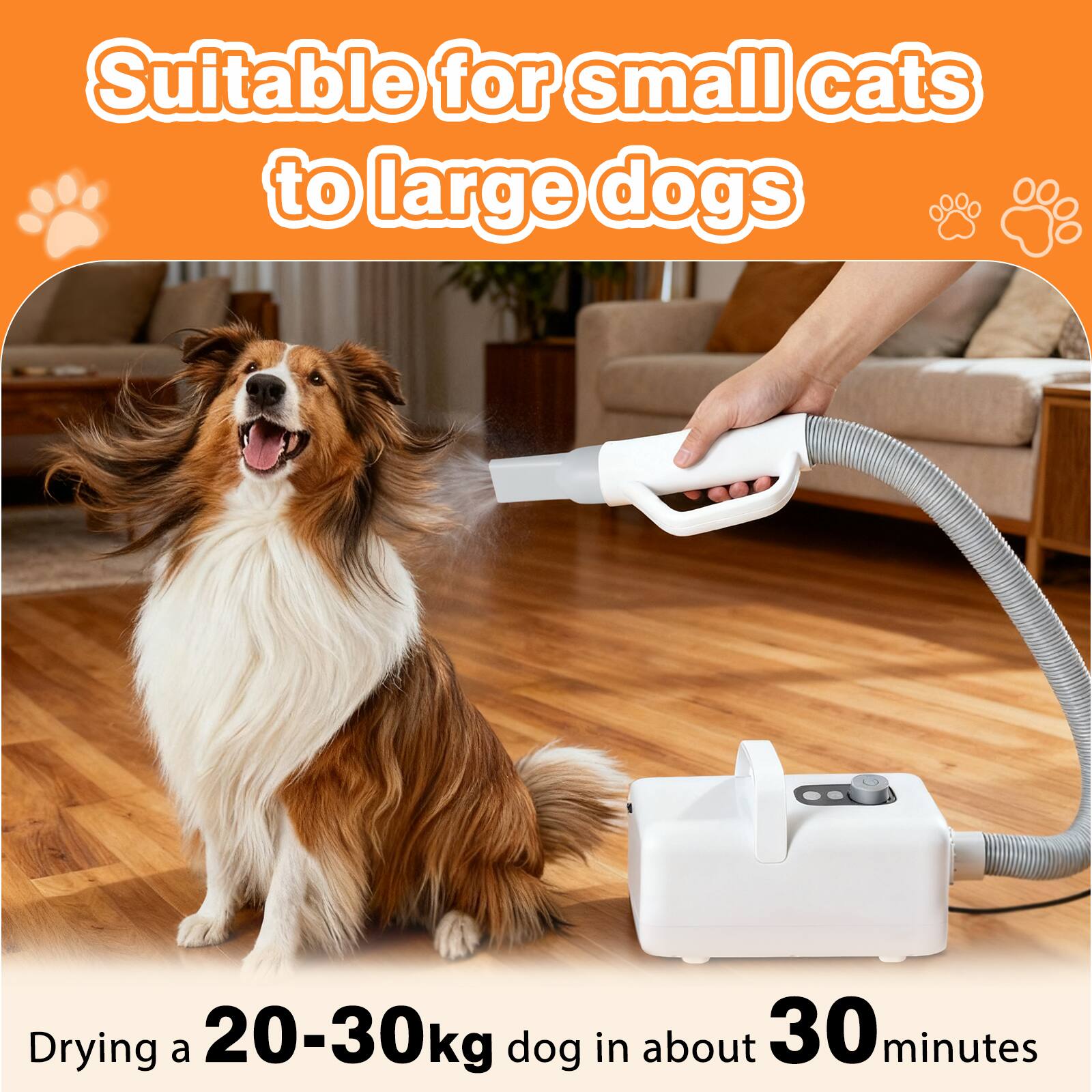Suitable for small cats to large dogs

Drying a 20-30kg dog in about 30 minutes
