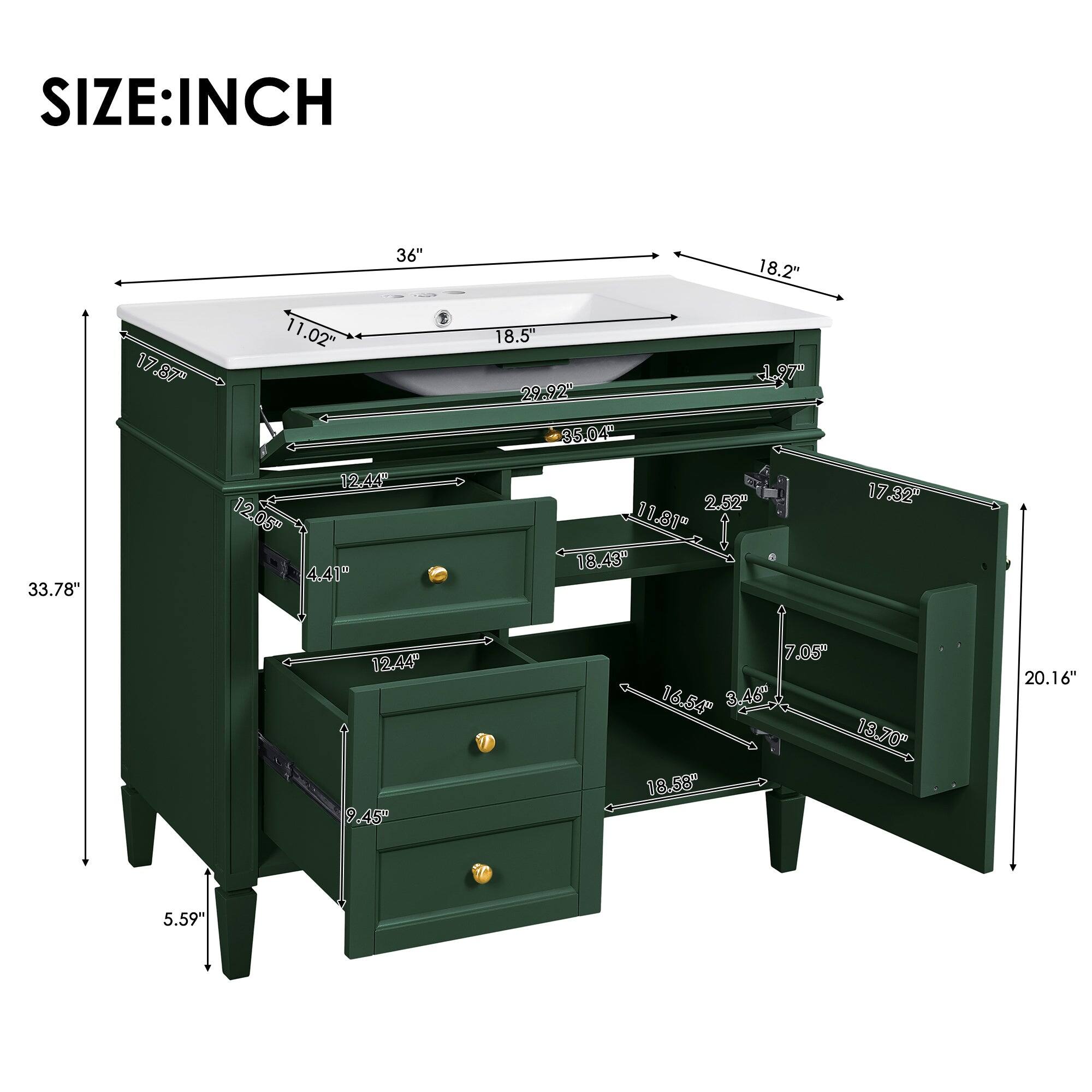 SIZE: INCH  
36" 18.2" 17.87" 11.02" 18.5" 29-92" 35.04" 33.78" 12.44" 12.05" 4.41" 2.52" 11.81" 18.43" 17.32" 12.44" 9.45" 7.05" 16.84" 8.46" 13.70" 19.58" 20.16" 5.59"