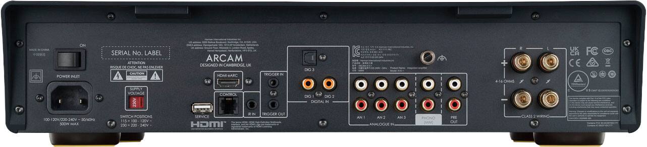 MADE IN CHINA  
CHINA

POWER INLET  
SERIAL No. LABEL  
ATTENTION  
RISQUE DE CHOC NE PAS ENLEVER  
CAUTION

SUPPLY VOLTAGE  
100-120V/220-240V  
50/60Hz  
500W MAX  
230V

SWITCH POSITIONS  
115 = 100 - 120V  
230 = 220 - 240V

ARCAM  
DESIGNED IN CAMBRIDGE, UK

HDMI eARC  
CONTROL  
SERVICE  
IR IN  
TRIGGER OUT

DIG 3  
DIG 2  
DIG 1  
DIGITAL IN

AN 1  
AN 2  
AN 3  
ANALOGUE IN

PHONO (MM)  
PRE OUT

4-16 OHMS  
CLASS 2 WIRING

HDMI™  
The HDMI logo is a trademark of HDMI Licensing LLC.

UK CA CE  
FC  
C

C100-120V/220-240V  
100 50/60Hz  
500W
