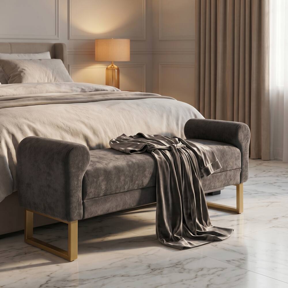Angle. Ropilly - 65" Dark Grey Chenille End of Bed Bench with Gold Legs, Modern Upholstered Ottoman Bench - Dark Grey.