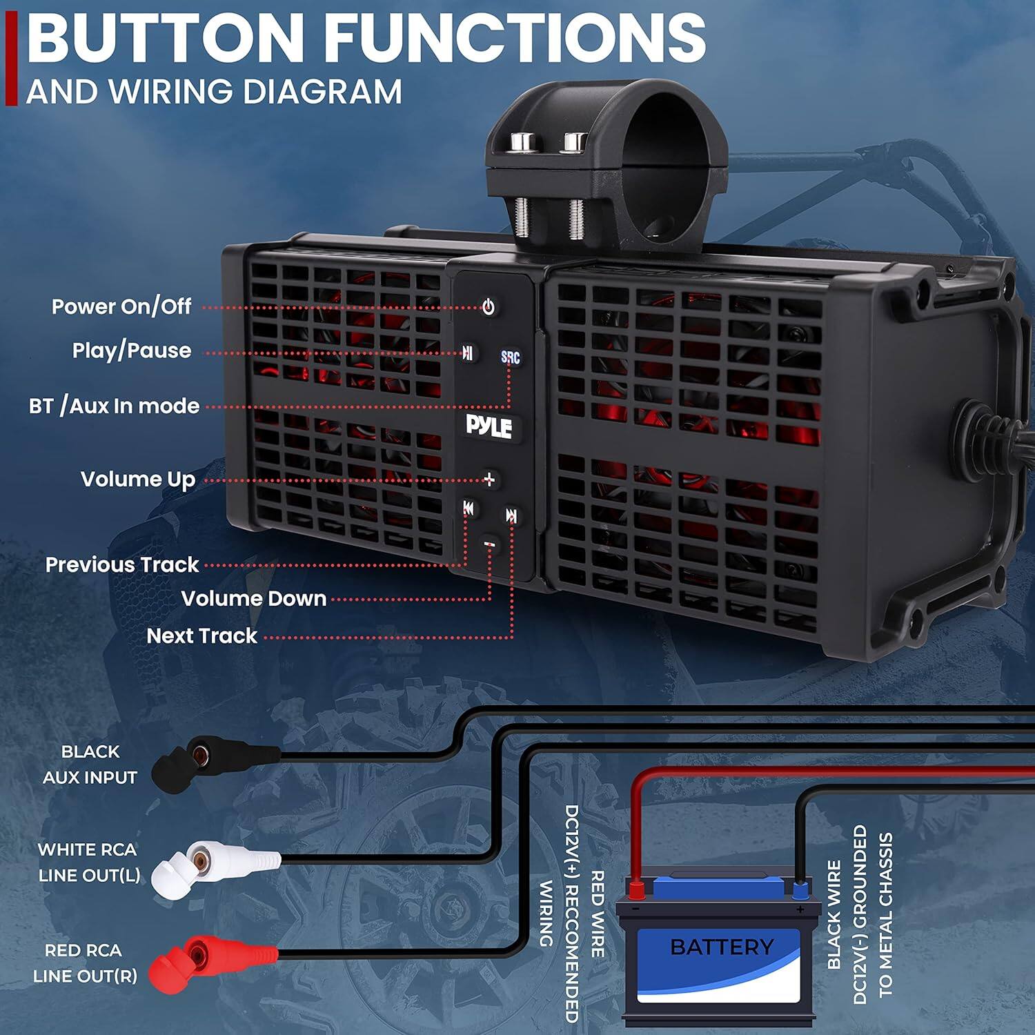 BUTTON FUNCTIONS AND WIRING DIAGRAM

- Power On/Off
- Play/Pause
- BT / Aux In mode
- Volume Up
- Previous Track
- Volume Down
- Next Track

BLACK AUX INPUT
WHITE RCA LINE OUT(L)
RED RCA LINE OUT(R)

DC12V(+) RECOMMENDED RED WIRE
BATTERY WIRE
BLACK GROUNDED DC12V(-)
CHASSIS METAL TO