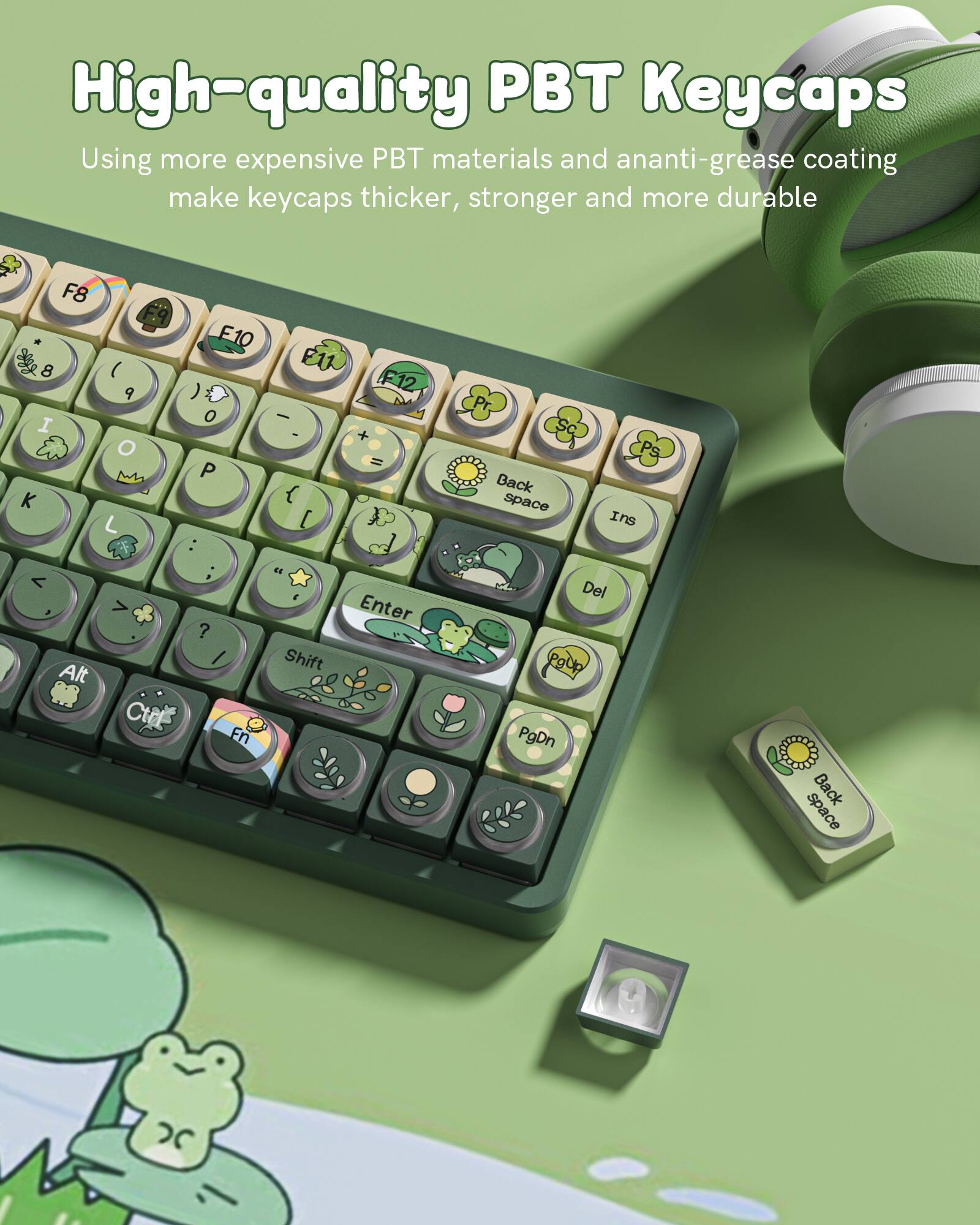 High-quality PBT Keycaps  
Using more expensive PBT materials and an anti-grease coating make keycaps thicker, stronger and more durable