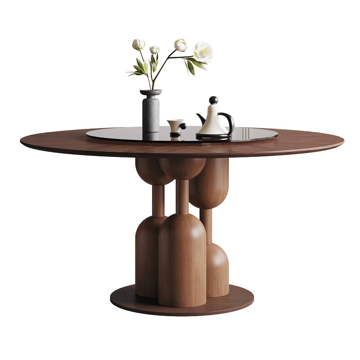 Alt View 3. Loheer - Loheer 59 Inch Round Dining Table, Natural Oak with 35 Inch Tempered Glass Lazy Susan - Walnut.