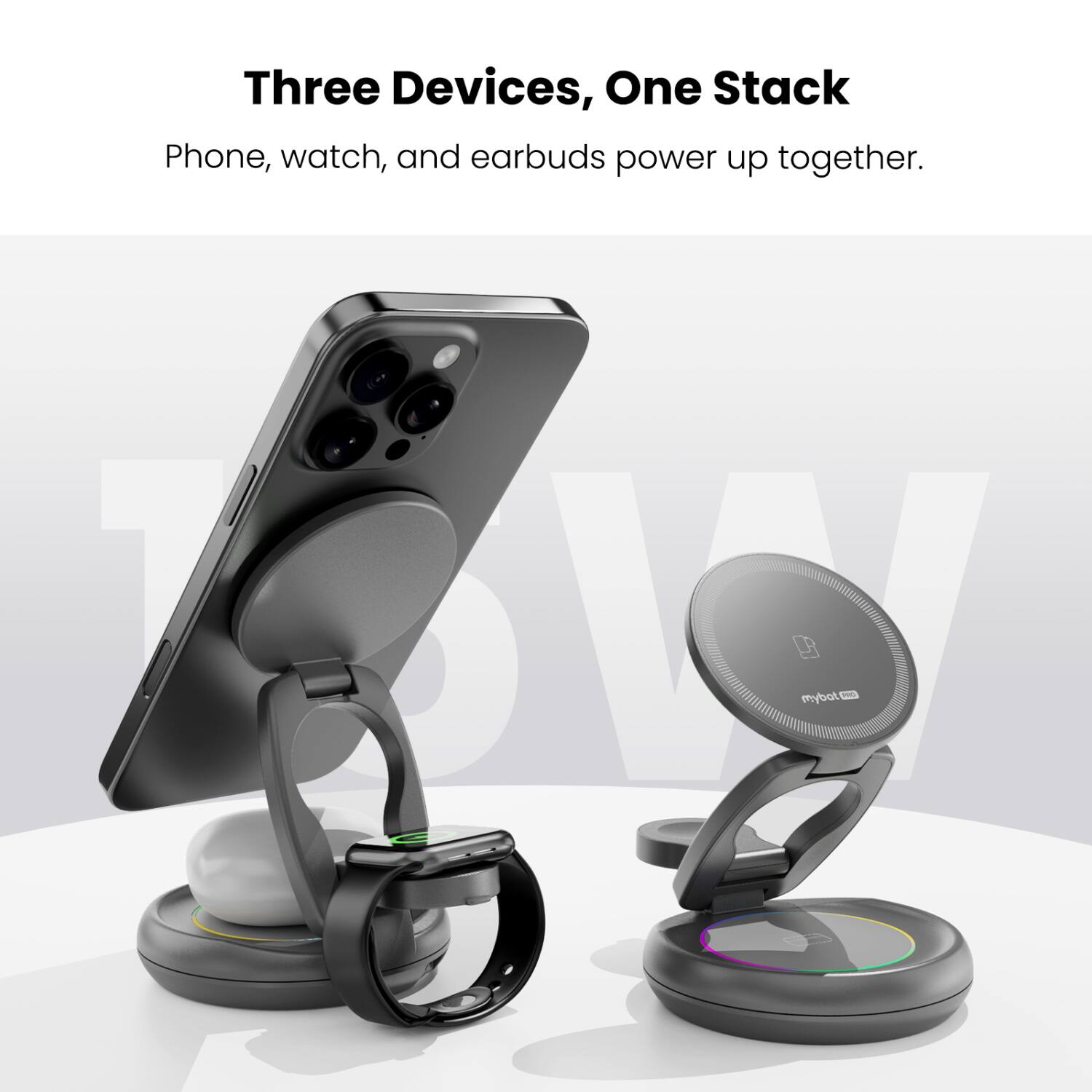 Three Devices, One Stack  
Phone, watch, and earbuds power up together.  
6 mybot