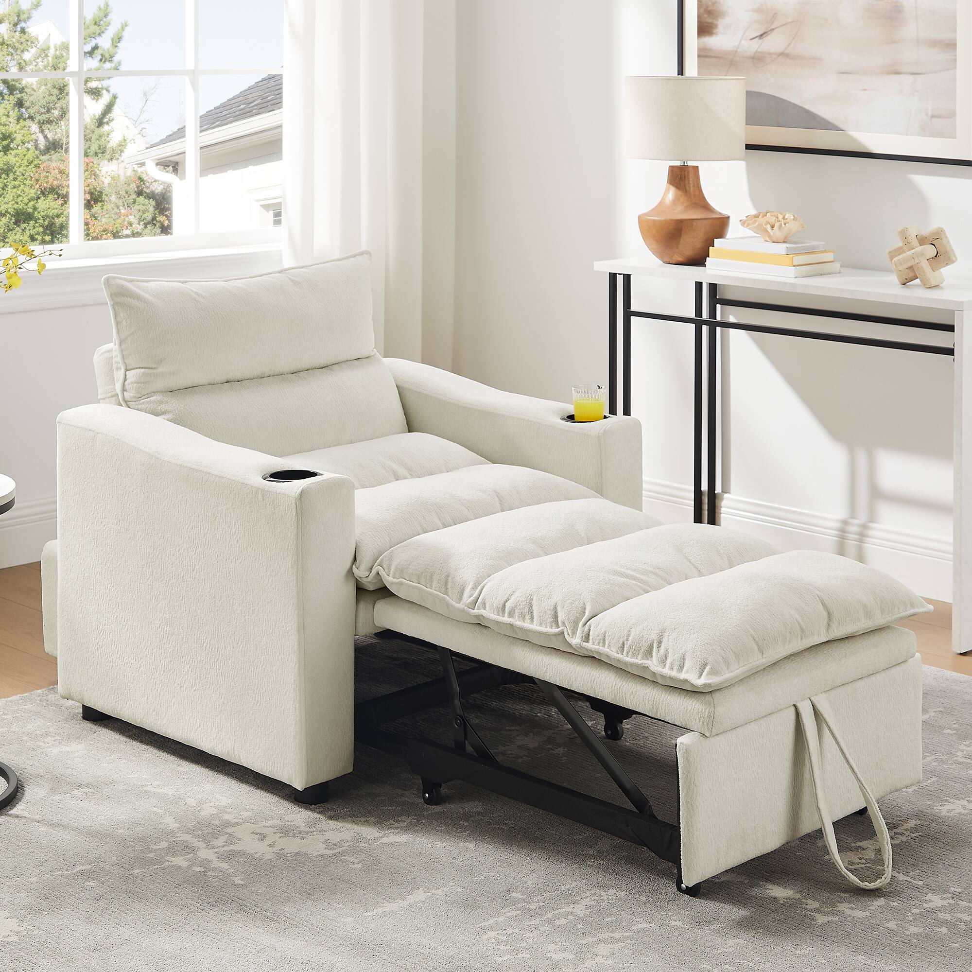 Front. Aukfa - 3-in-1 Sleeper Sofa Chair Bed - Adjustable Pullout Design, Modern Velvet Fabric, for Small Space Living - White.