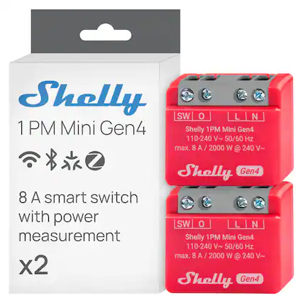 Shelly 1PM Mini Gen4
8 A smart switch with power measurement
x2
Shelly 1PM Mini Gen4
110-240 V~ 50/60 Hz
max. 8 A / 2000 W @ 240 V~
SW O L N
Shelly 1PM Mini Gen4
110-240 V~ 50/60 Hz
max. 8 A / 2000 W @ 240 V~
SW O L N
Shelly 1PM Mini Gen4
110-240 V~ 50/60 Hz
max. 8 A / 2000 W @ 240 V~