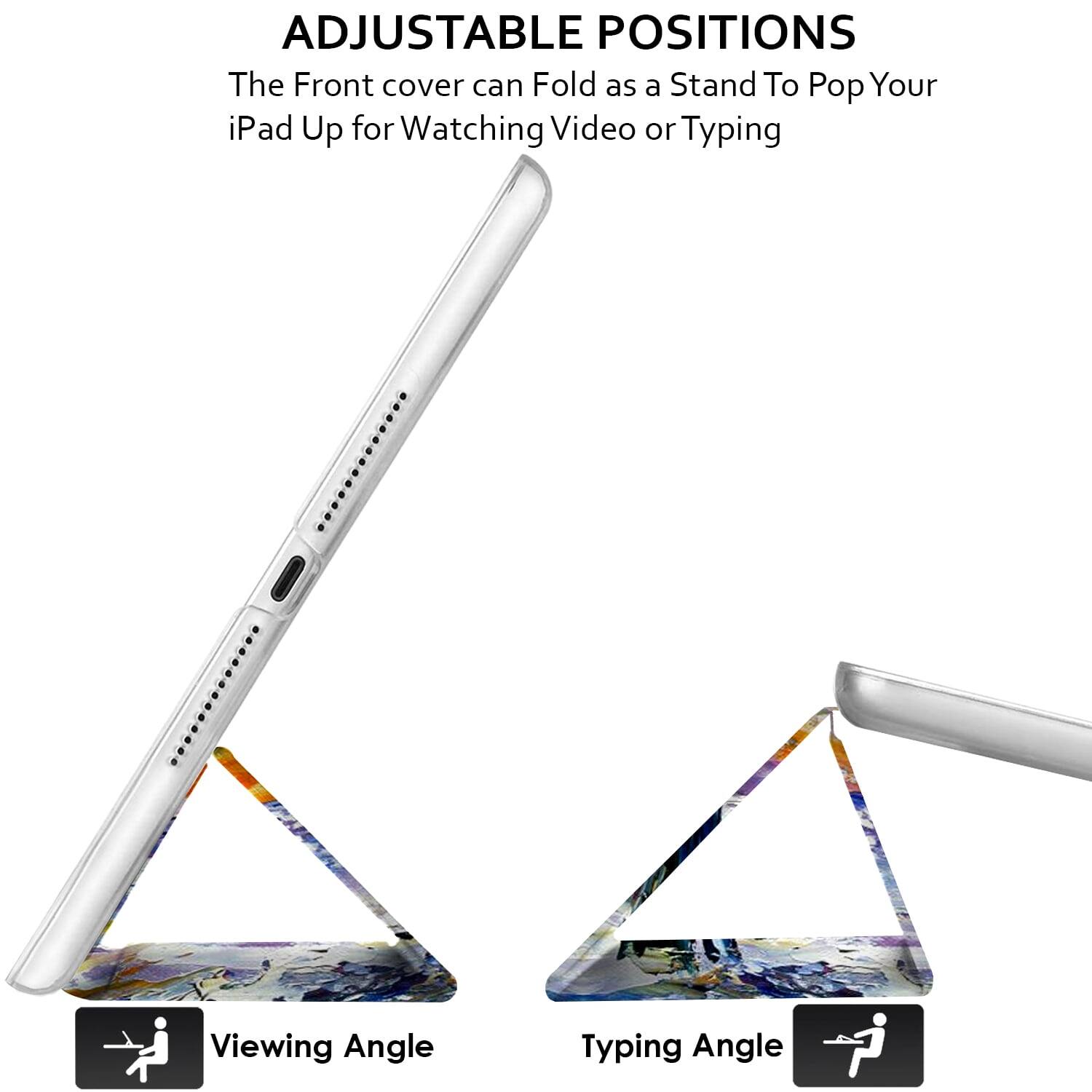 ADJUSTABLE POSITIONS

The Front cover can Fold as a Stand To Pop Your iPad Up for Watching Video or Typing

Viewing Angle

Typing Angle