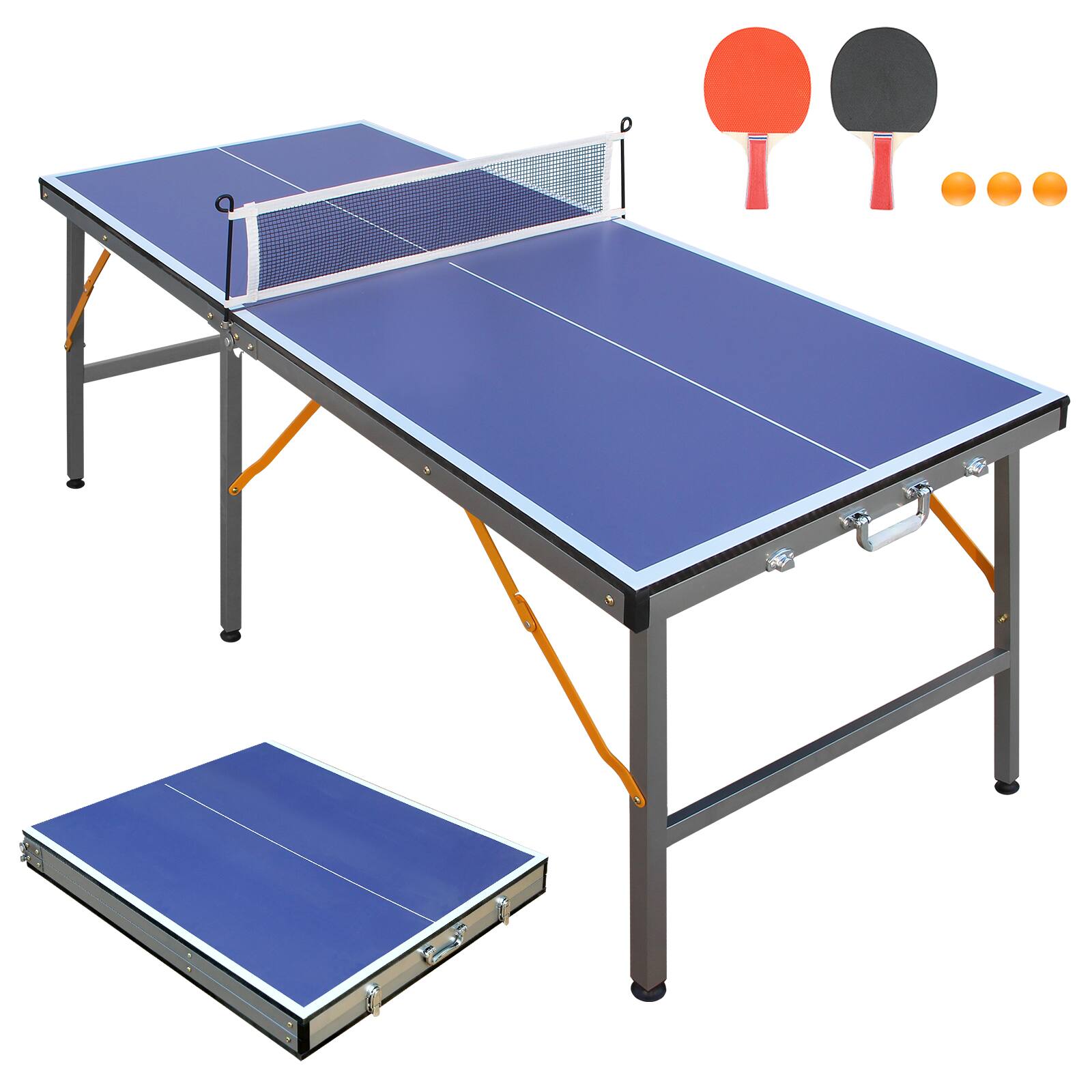 Angle. APRILSOUL - 5FT Mid-Size Table Tennis Table Foldable and Portable Ping Pong Table Set for Indoor Games with Net 2 Paddles 3 Balls - Blue.