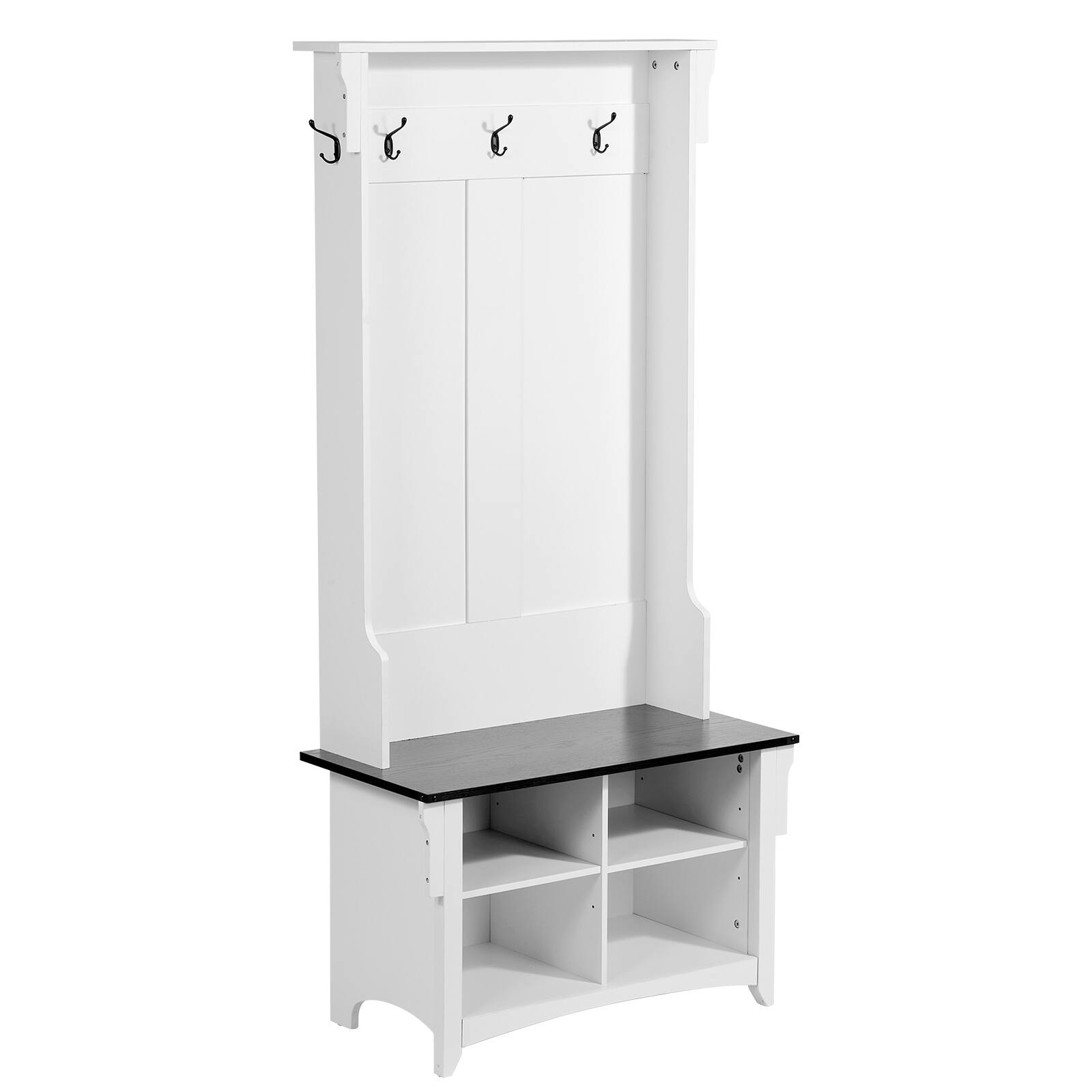VEVOR - Hall Tree Entryway Bench, Coat Rack with Shoe Storage, 32" Wide Mudroom bench with Storage and Seating - Body: White; Seat Board: Black
