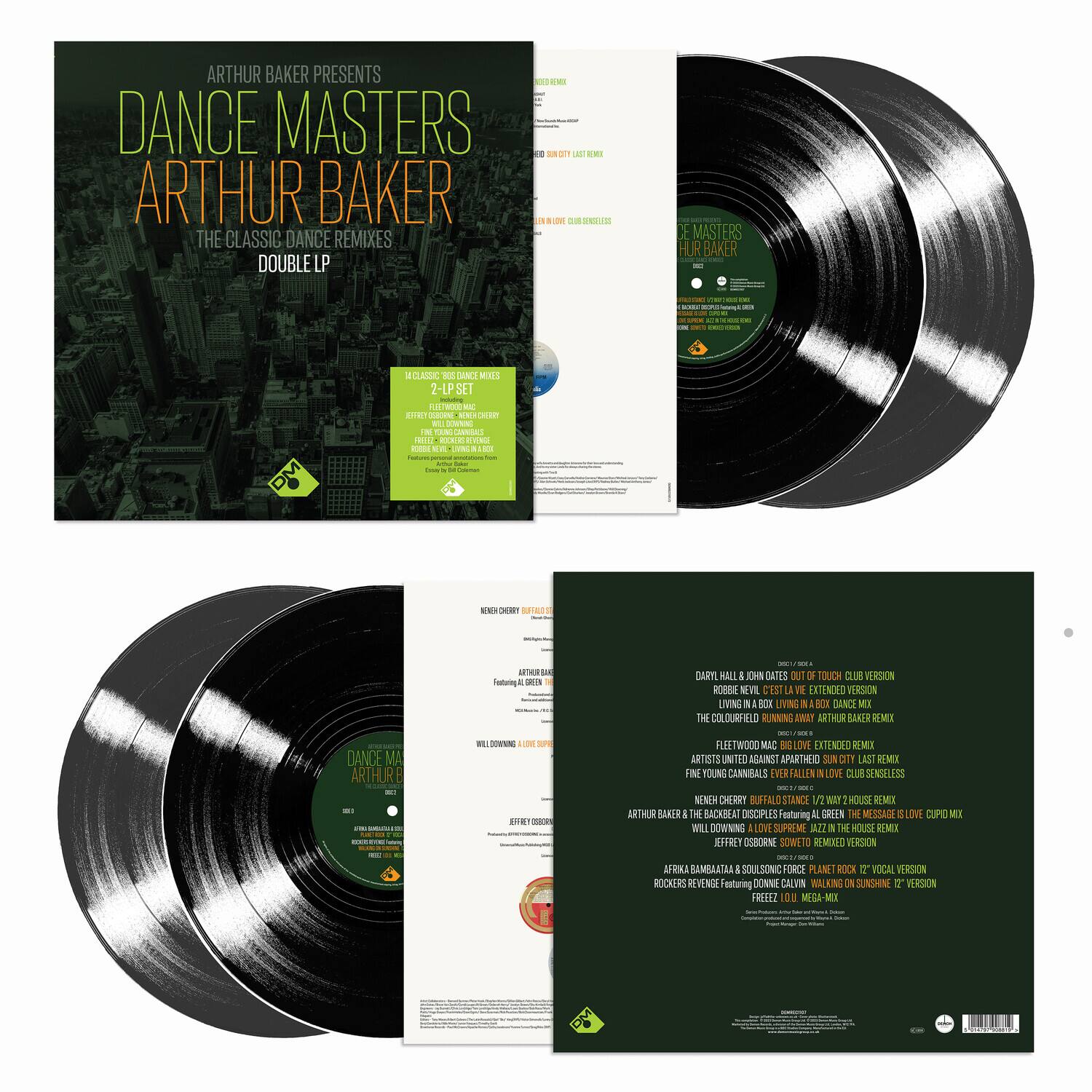 **Front Cover:**

ARTHUR BAKER PRESENTS  
DANCE MASTERS  
ARTHUR BAKER  
THE CLASSIC DANCE REMIXES  
DOUBLE LP  

**Back Cover:**

ARTHUR BAKER PRESENTS  
DANCE MASTERS  
ARTHUR BAKER  
THE CLASSIC DANCE REMIXES  
DOUBLE LP  

**Tracklist:**

1. Daryl Hall & John Oates - Out of Touch Club Version  
2. Rob Nevil - Let It Be Extended Version  
3. Living in a Box - Living in a Box Dance Mix  
4. The Colourfield - Running Away (Arthur Baker Remix)  
5. Fleetwood Mac - Big Love Extended Mix  
6. Artists United Against Apartheid - Sun City Last Remix  
7. Fine Young Cannibals - Ever Fallen in Love (Club Senseless)  
8. Arthur Baker & The Backbeat - Atop Sopranos (Featuring A.G. Green)  
9. Will Downing - Love Supreme (Jazz in the House Remix)  
10. Afrika Bambaataa & Soul Sonic Force - Planet Rock (Vocal Version)  
11. Rockers Revenge (Featuring Donnie Calvin) - Walking on Sunshine (