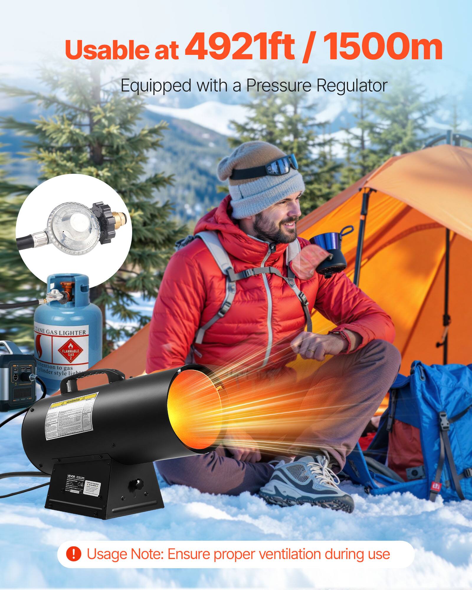 Usable at 4921ft / 1500m  
Equipped with a Pressure Regulator  

Usage Note: Ensure proper ventilation during use