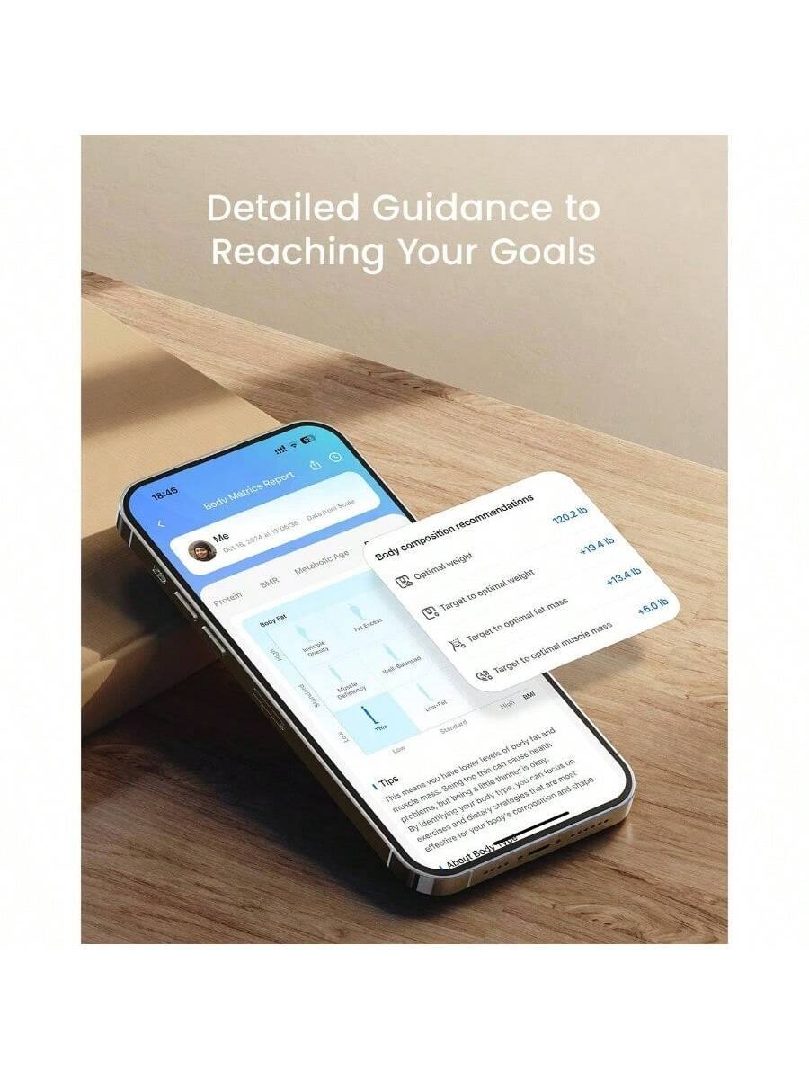 Detailed Guidance to Reaching Your Goals

Body Metrics Report

Body Composition Recommendations

- Optimal weight: 120.2 lb
- Target to optimal weight: +19.4 lb
- Target to optimal fat mass: +13.4 lb
- Target to optimal muscle mass: +8.0 lb

Body Fat
- Lean Mass
- Fat Mass

Tips
- This is a type of body fat that can cause health problems, but being a little overweight is okay. By identifying and focusing on the right strategies, you can most effectively improve your body's composition and shape.

About Body Composition