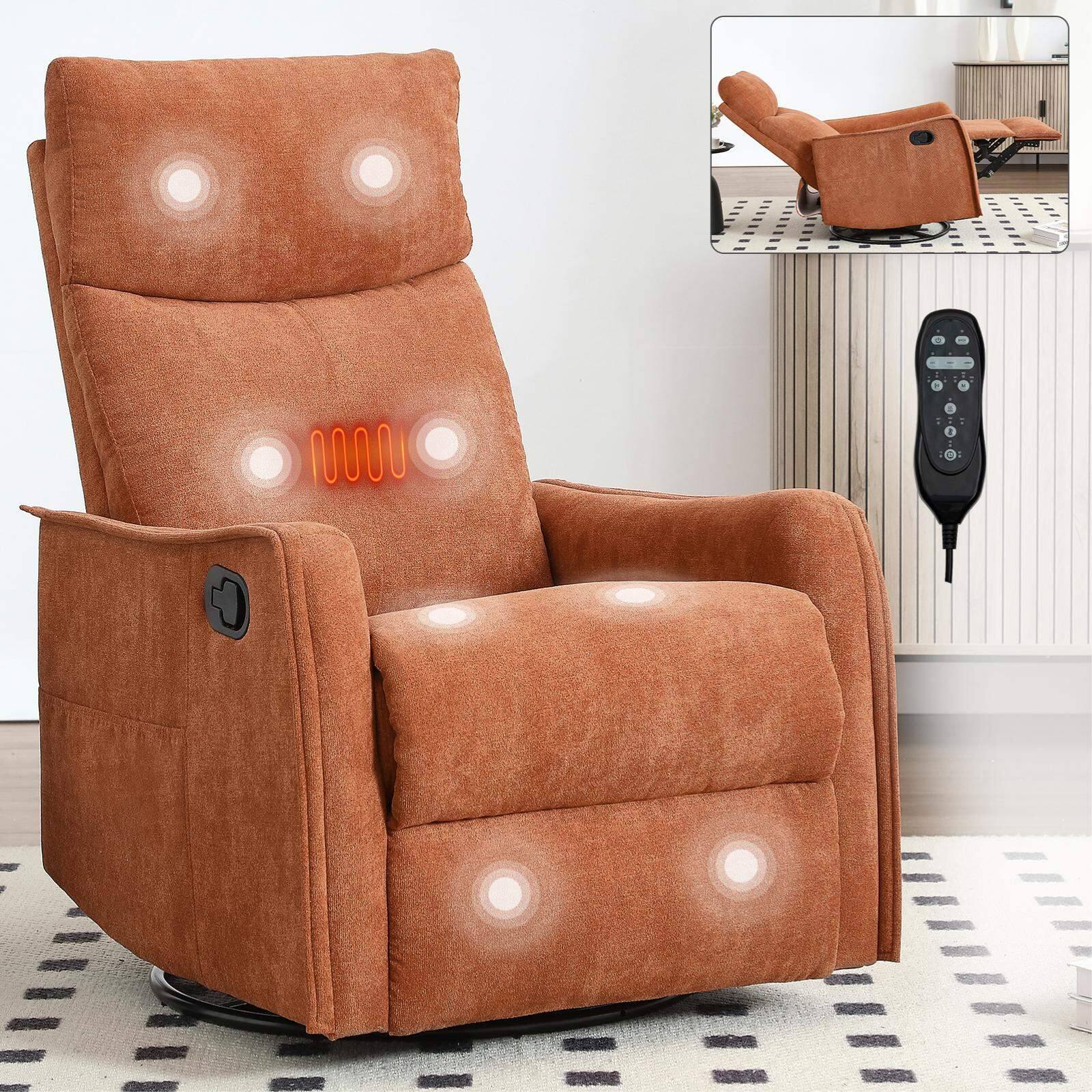 Left. Roomtec - Heat Massage Manual Recliner Chair with Rocker and Swivel in Fabric for Living Room Orange - Orange.