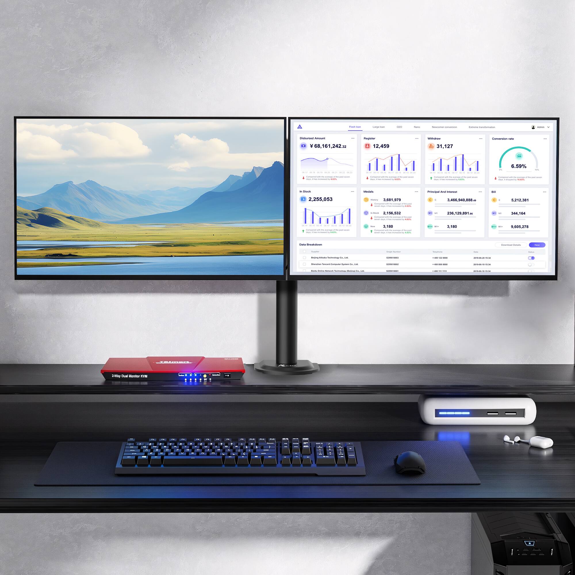 The text on the image is a collection of random numbers, letters, and symbols. It does not form coherent sentences or phrases. The image features a computer desk with a keyboard and two monitors.