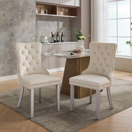 Loheer - Velvet Dining Chairs Set of 2 Tufted Solid Wood Mid-Century Modern Upholstered - Milky White