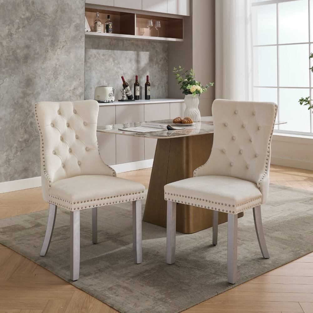 Front. Loheer - Loheer Velvet Dining Chairs Set of 2 Tufted Solid Wood Mid-Century Modern Upholstered Milky White - Milky White.