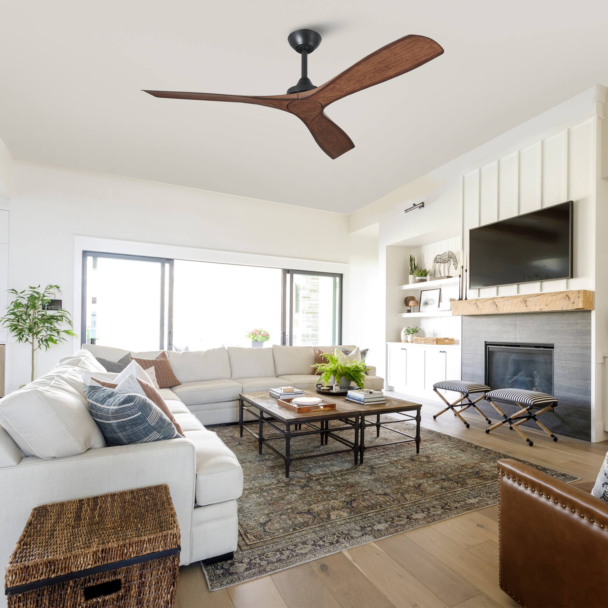 Alt View 1. Parrot Uncle - 52" Modern 3-Blade Ceiling Fan Without Light, 6-Speed Reversible DC Motor, Remote Control - Brown.