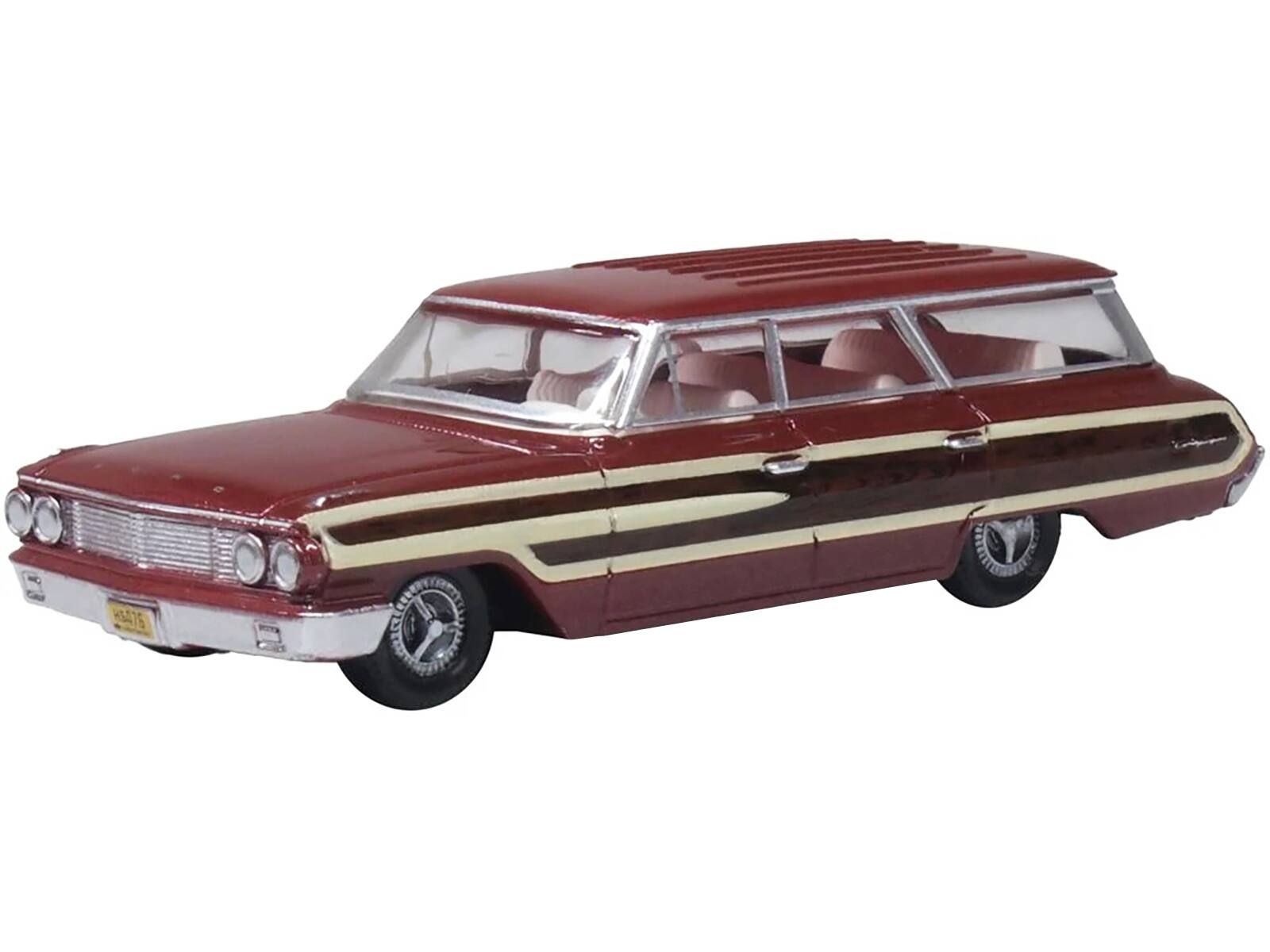 Alt View 4. Oxford Diecast - 1964 Ford Country Station Wagon Squire Vintage Burgundy w/Woodgrain & White Interior 1/87 (HO) Model Car Oxford Diecast.