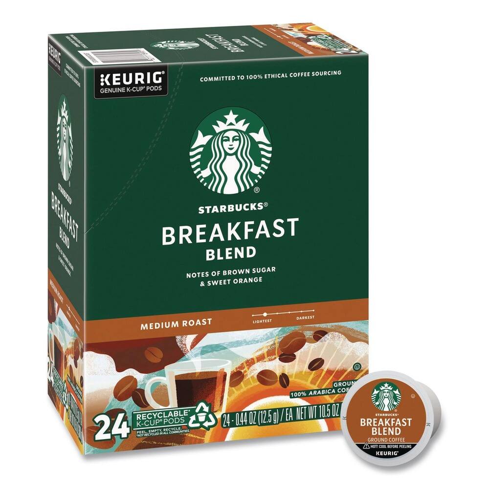 IEN 7 5 FER ETHICAL COFFEE SOURCING  
KEURIG COMMITTED TO 100% GENUINE K-CUP PODS  
STARBUCKS BREAKFAST BLEND  
NOTES OF BROWN SUGAR & SWEET ORANGE  
MEDIUM ROAST  
LIGHTEST DARKEST  
RECYCLABLE K-CUP PODS  
24 PODS  
PEEL, EMPTY, ALL RECYCLE  
100% ARABICA COFFEE  
NET WT 10.5 OZ (295 g)  
STARBUCKS  
24 PODS  
0.44 OZ (12.5 g) PER POD  
BREAKFAST BLEND  
GROUND COFFEE  
KEURIG