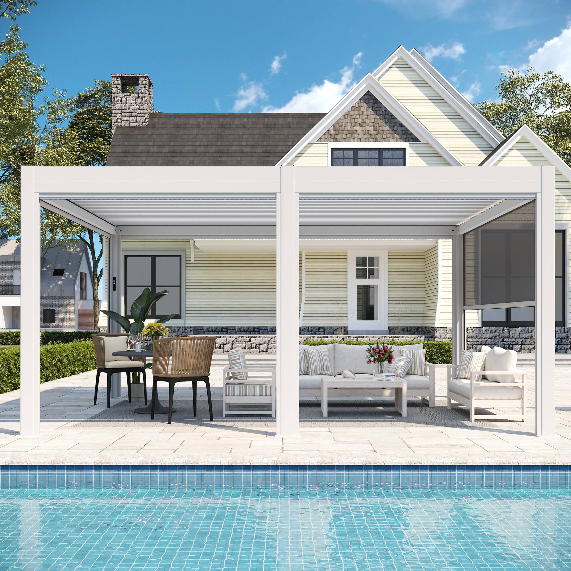 Alt View 5. U-HOMY - 12' x 16' Outdoor Pergola with LED Lights – Aluminum Gazebo, Motorized Louvers & Side Screens - White.