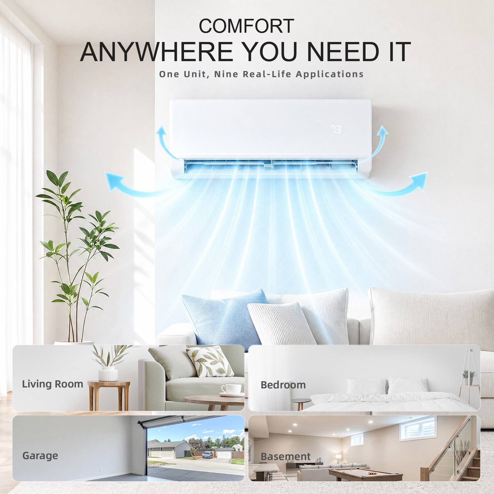 COMFORT ANYWHERE YOU NEED IT  
One Unit, Nine Real-Life Applications  

1. Living Room  
2. Bedroom  
3. Garage  
4. Basement