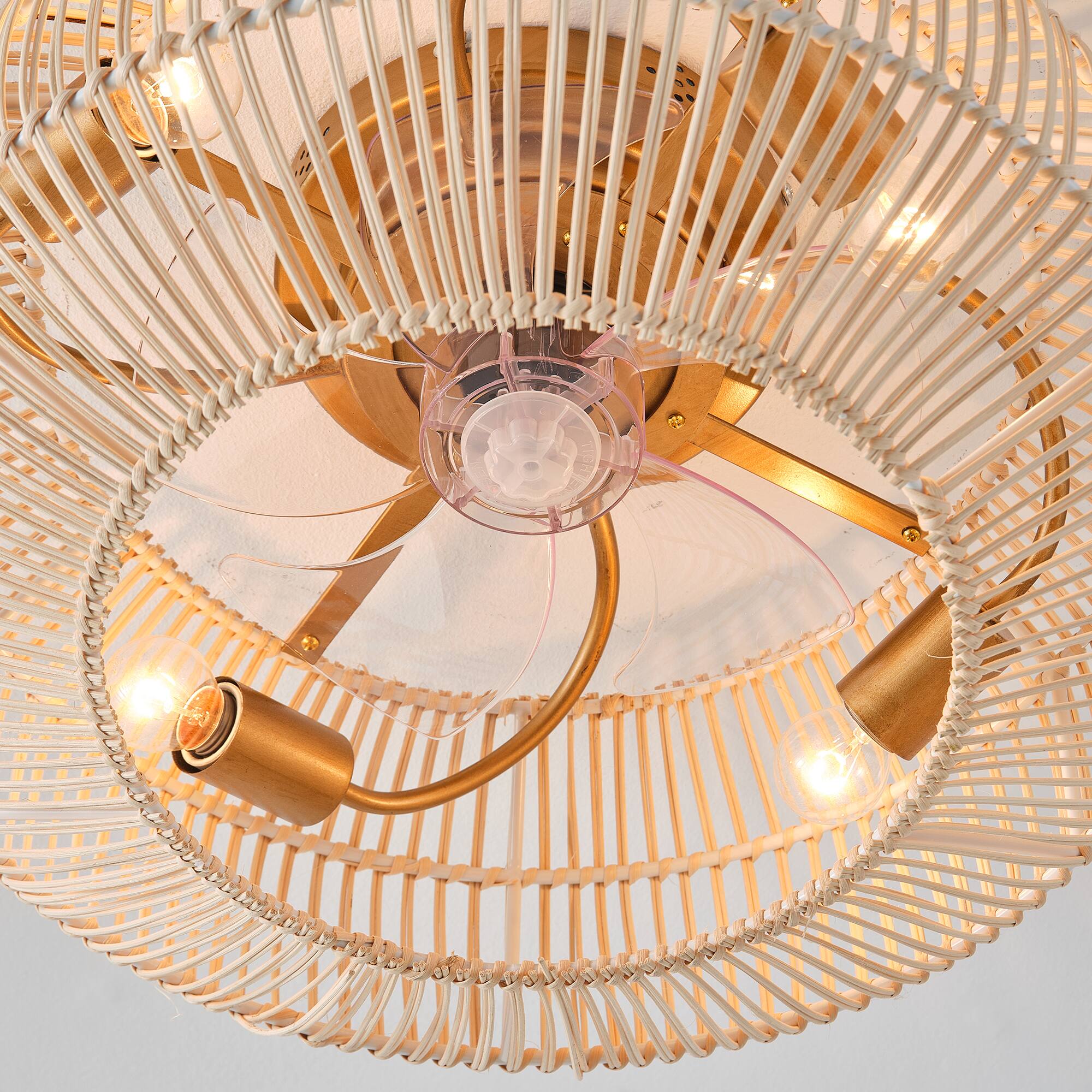 Alt View 10. Parrot Uncle - 20" Coastal Weave Rattan Gold Flush Mount Caged Ceiling Fan with Remote - Gold.