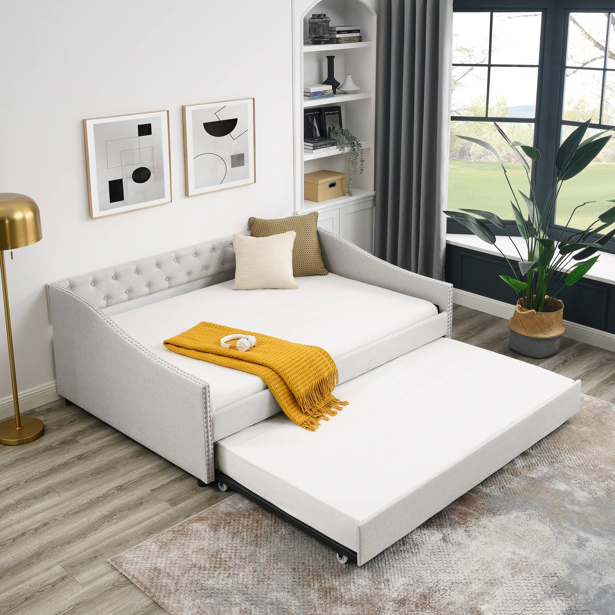 Left. Tiramisubest - Full Size Daybed with Twin Size Trundle Upholstered Tufted Sofa Bed, ,Beige (80.5"x55.5"x27.5") - Beige.