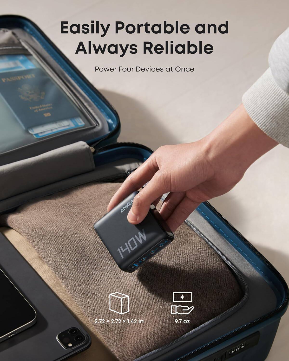 ANKER 140W, Easily Portable and Always Reliable, Power Four Devices at Once, 2.72 x 2.72 x 1.42 in, 9.7 oz, PASSPORT
