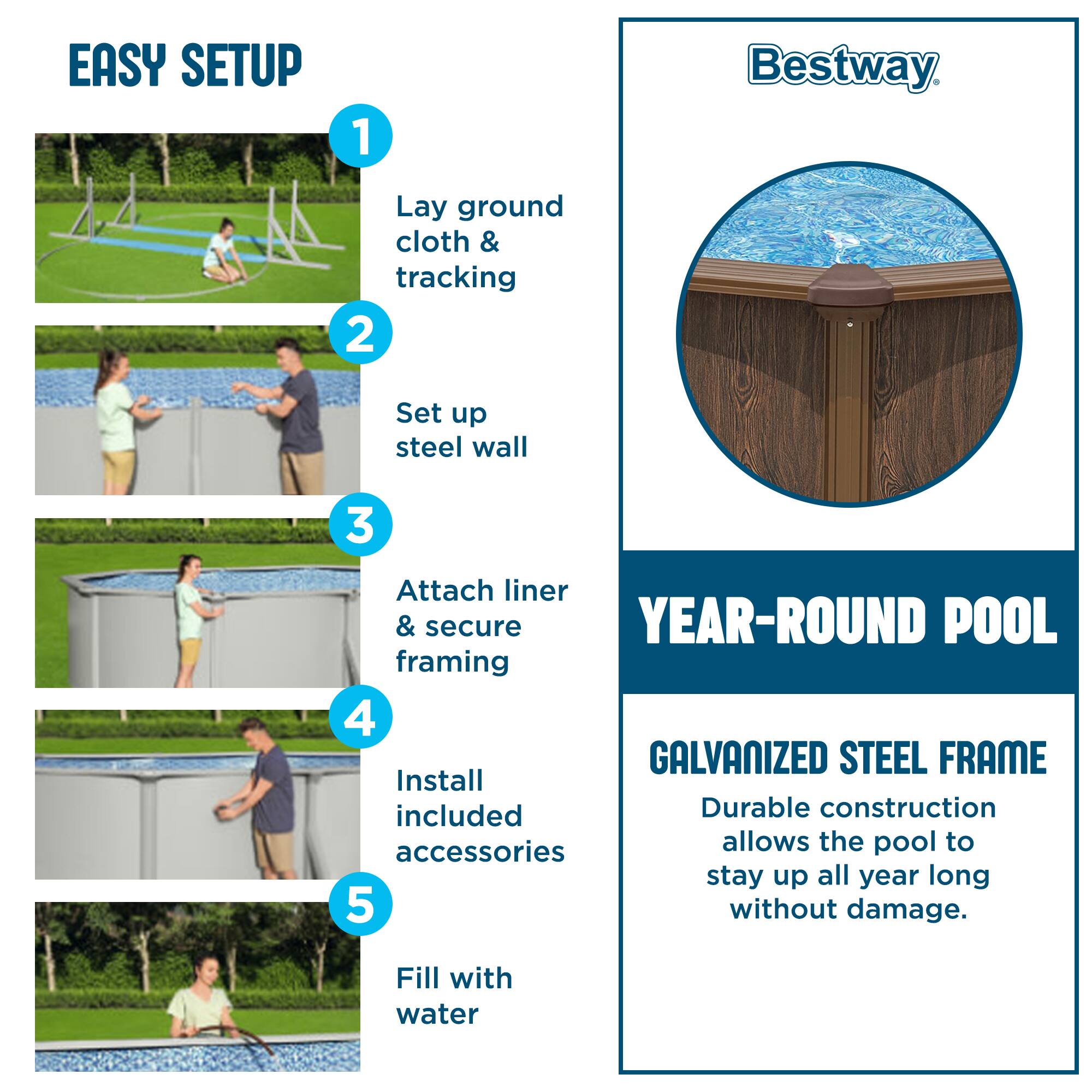EASY SETUP

1. Lay ground cloth & tracking
2. Set up steel wall
3. Attach liner & secure framing
4. Install included accessories
5. Fill with water

YEAR-ROUND POOL

GALVANIZED STEEL FRAME

Durable construction allows the pool to stay up all year long without damage.