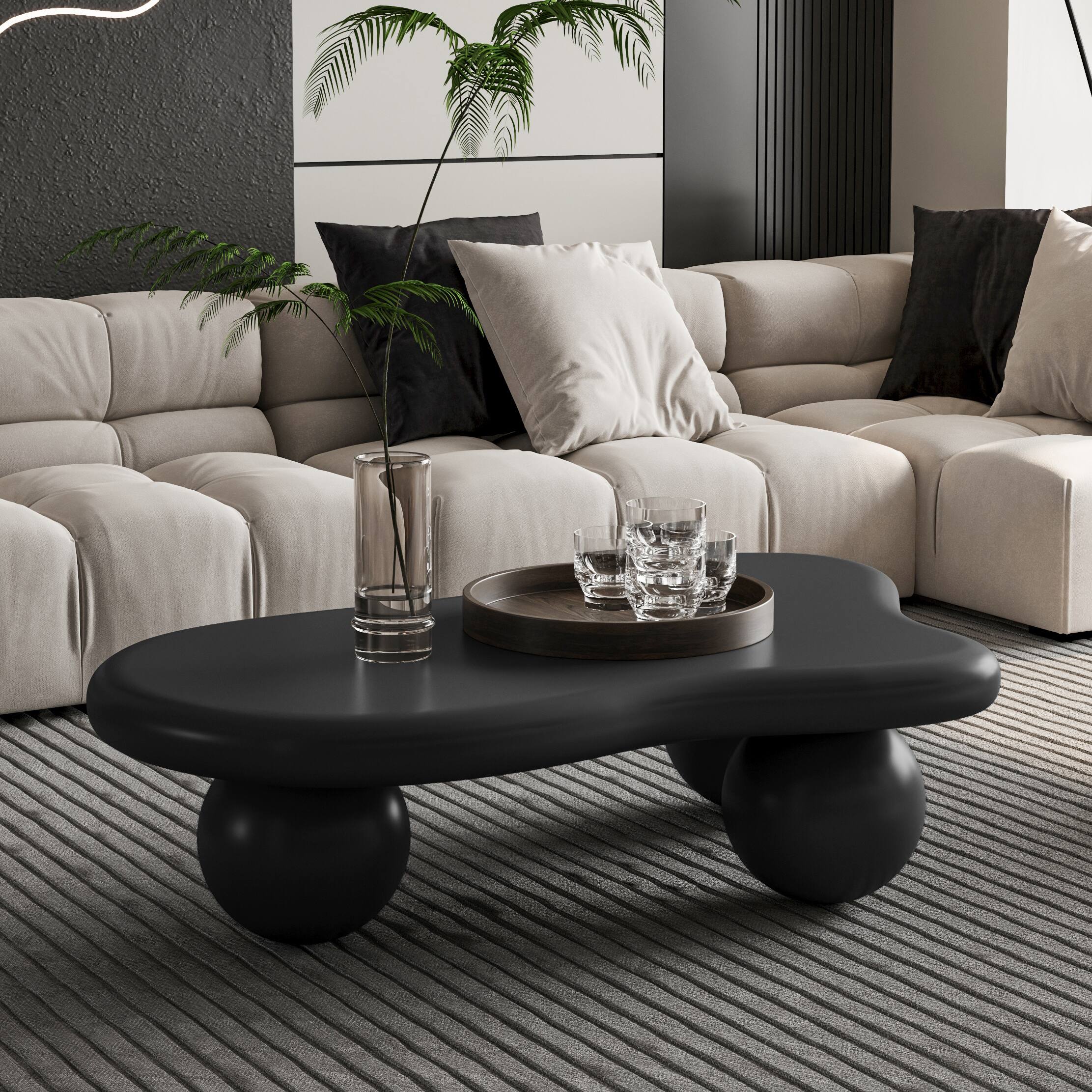 Front. TinyHomie - 40 Inch Cloud Shaped Coffee Table 3 Ball Legs Black For Living Room - Black.