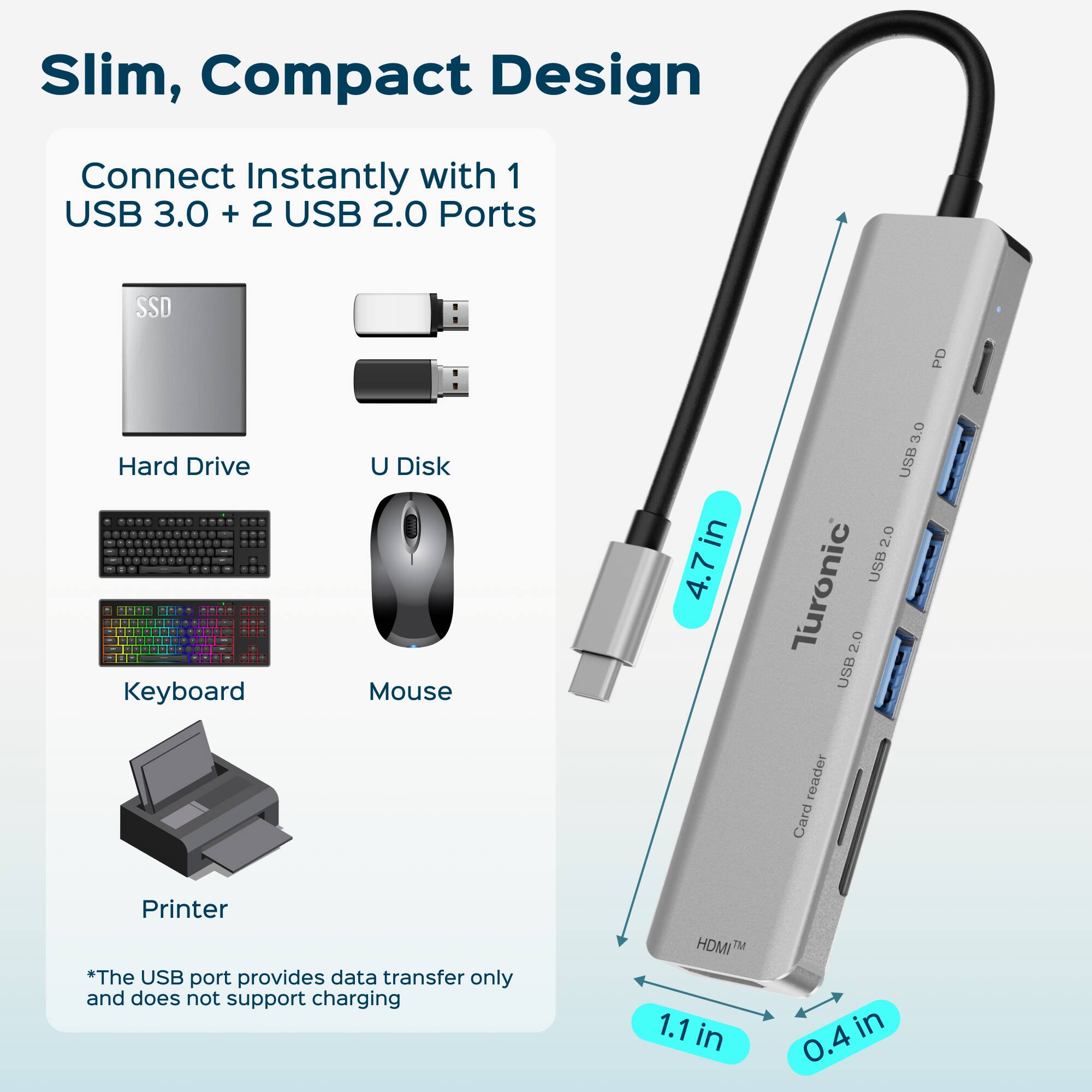 Slim, Compact Design  
Connect Instantly with 1 USB 3.0 + 2 USB 2.0 Ports  

SSD  
Hard Drive  
U Disk  
Keyboard  
Mouse  
Printer  

*The USB port provides data transfer only and does not support charging  

4.7 in  
1.1 in  
0.4 in