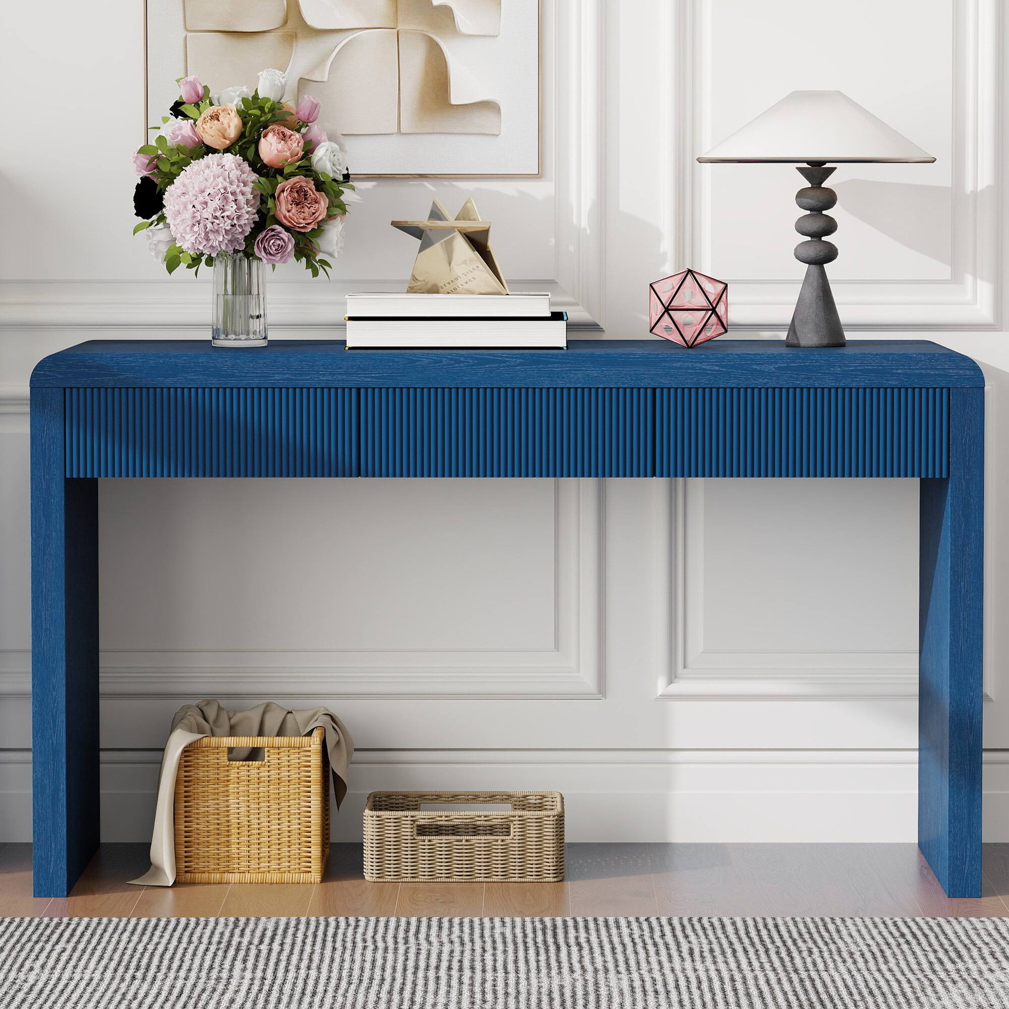 Alt View 7. Spaco - Spaco Rustic Aesthetic Console Table, 3 Fluted Drawers with Solid Wood Veneer and Natural Grain for Living Room Hallway - Navy.
