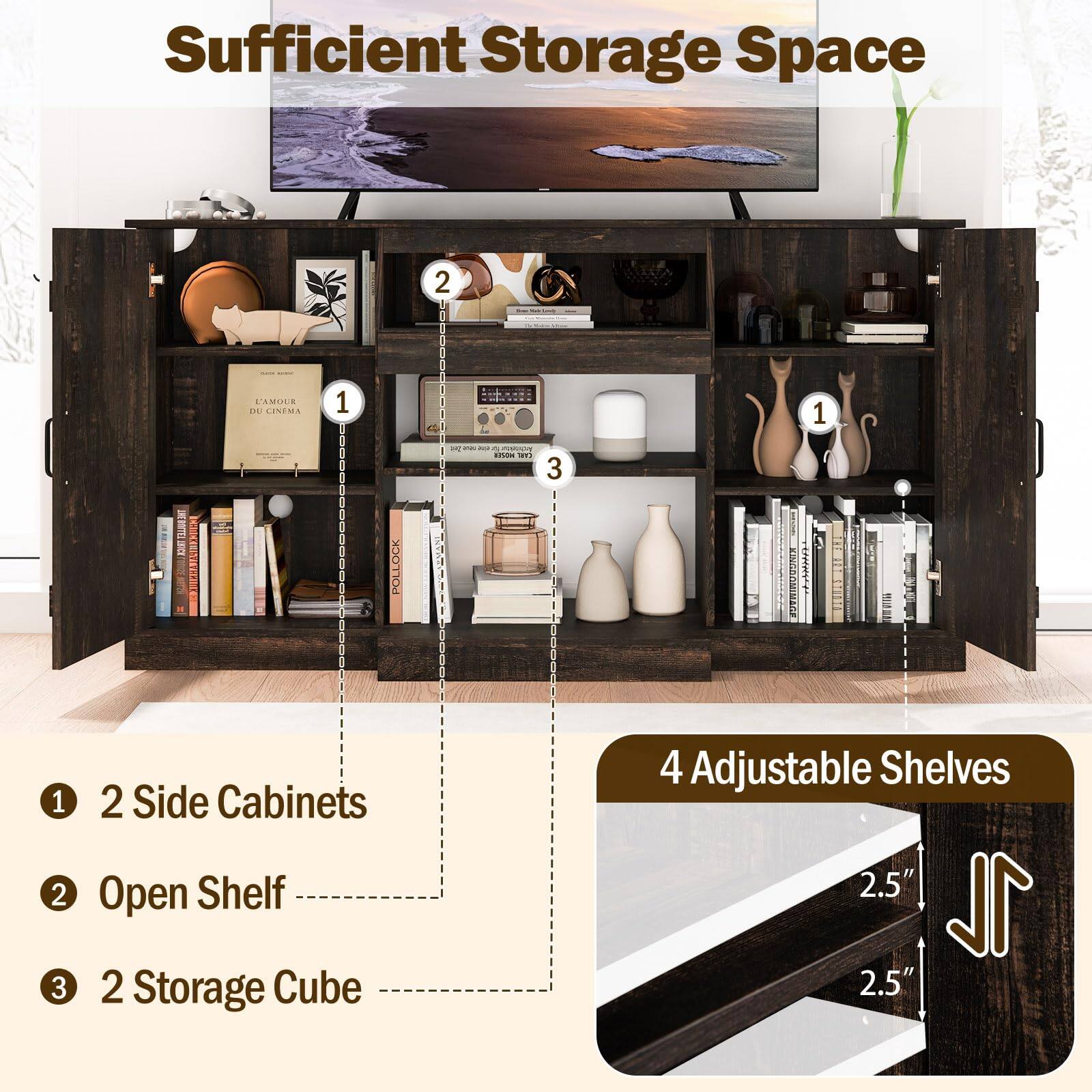 Sufficient Storage Space

1. 2 Side Cabinets
2. Open Shelf
3. 2 Storage Cube

4 Adjustable Shelves

2.5"