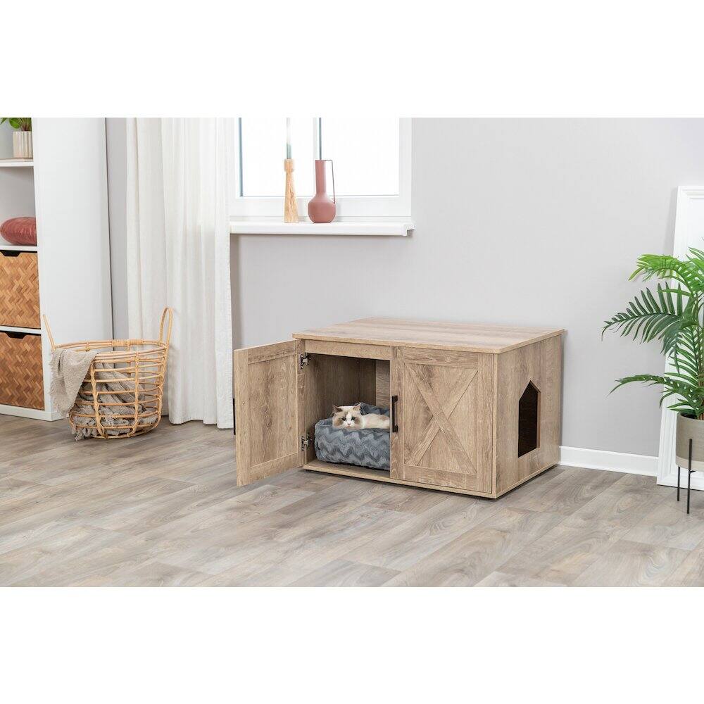 Left. TRIXIE - XL Farmhouse Litter Box Enclosure, Hidden Litter Box Cabinet or End Table - Gray.