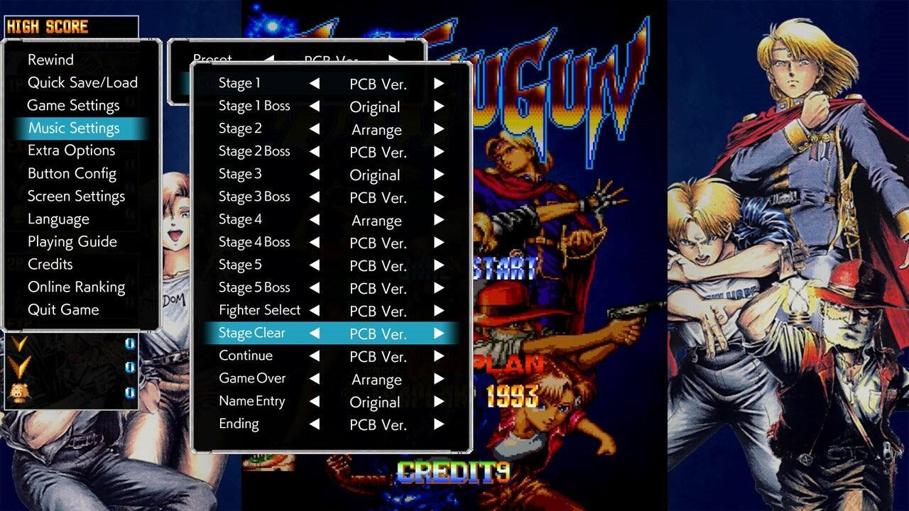HIGH SCORE

Rewind  
Quick Save/Load  
Game Settings  
Music Settings  
Extra Options  
Button Config  
Screen Settings  
Language  
Playing Guide  
Credits  
Online Ranking  
DOM  
Quit Game  
Fighter Select  
Stage Clear  
Continue  
Game Over  
Name Entry  
Ending  

Stage 1  
Stage 1 Boss  
Stage 2  
Stage 2 Boss  
Stage 3  
Stage 3 Boss  
Stage 4  
Stage 4 Boss  
Stage 5  
Stage 5 Boss  
Fighter Select  
Stage Clear  
Continue  
Game Over  
Name Entry  
Ending  

PCB Ver.  
Original  
Arrange  
PCB Ver.  
PCB Ver.  
PCB Ver.  
PCB Ver.  
PCB Ver.  
PCB Ver.  
PCB Ver.  
PCB Ver.  
PCB Ver.  
PCB Ver.  
PCB Ver.  
PCB Ver.  
PCB Ver.  
PCB Ver.  
PCB Ver.  
PCB Ver.  
PCB Ver.  
PCB Ver.  
PCB Ver.  
PCB Ver.  
PCB Ver.  
PCB Ver.  
PCB Ver.  
PCB Ver.  
PCB Ver.  
PCB