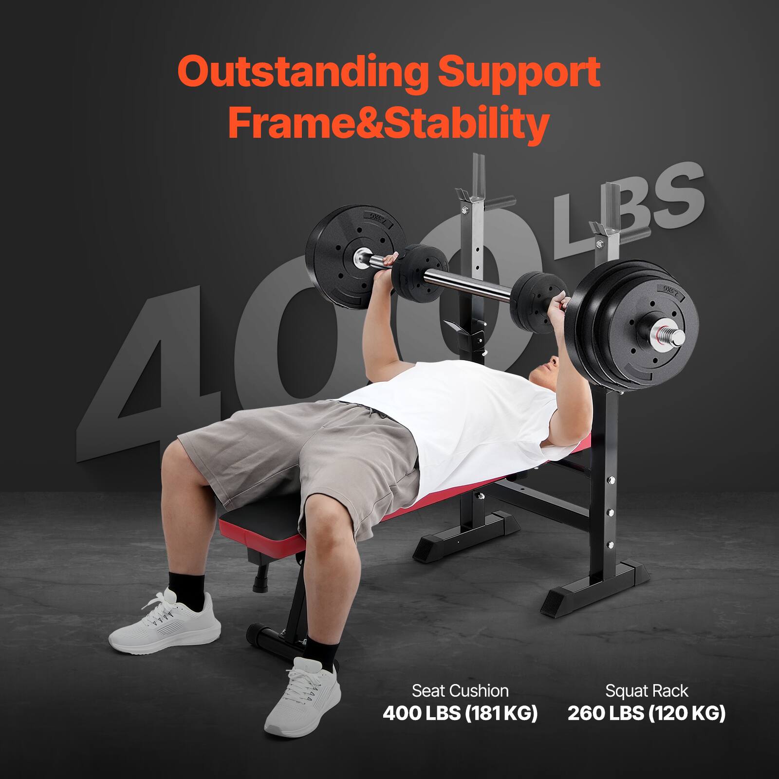 Outstanding Support Frame & Stability

400 LBS

Seat Cushion 400 LBS (181 KG)

Squat Rack 260 LBS (120 KG)
