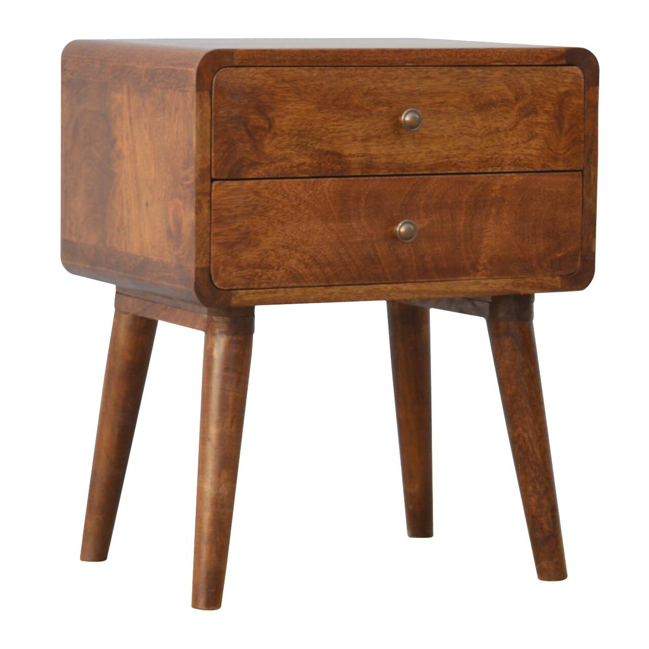 Left. Artisan Furniture - Artisan Furniture Solid Wood Curved Chestnut Nightstand, 2 Drawers, Nordic Legs - Chestnut.