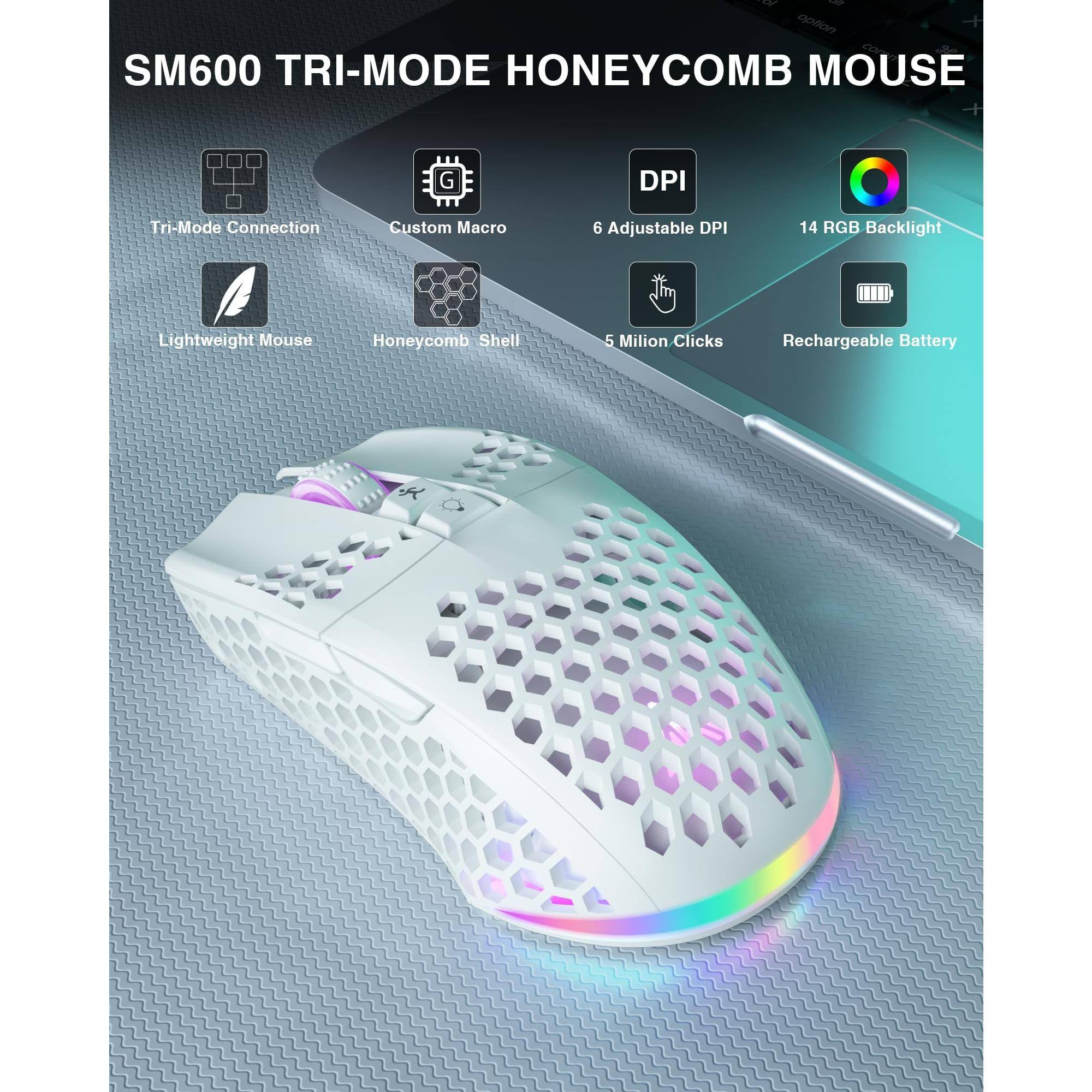 SM600 TRI-MODE HONEYCOMB MOUSE

- Tri-Mode Connection
- Custom Macro
- 6 Adjustable DPI
- 14 RGB Backlight
- Lightweight Mouse
- Honeycomb Shell
- 5 Million Clicks
- Rechargeable Battery