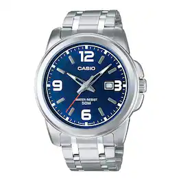 Casio - Men’s Blue Dial Stainless Steel Bracelet Watch - MTP-1314D-2AV - Silver