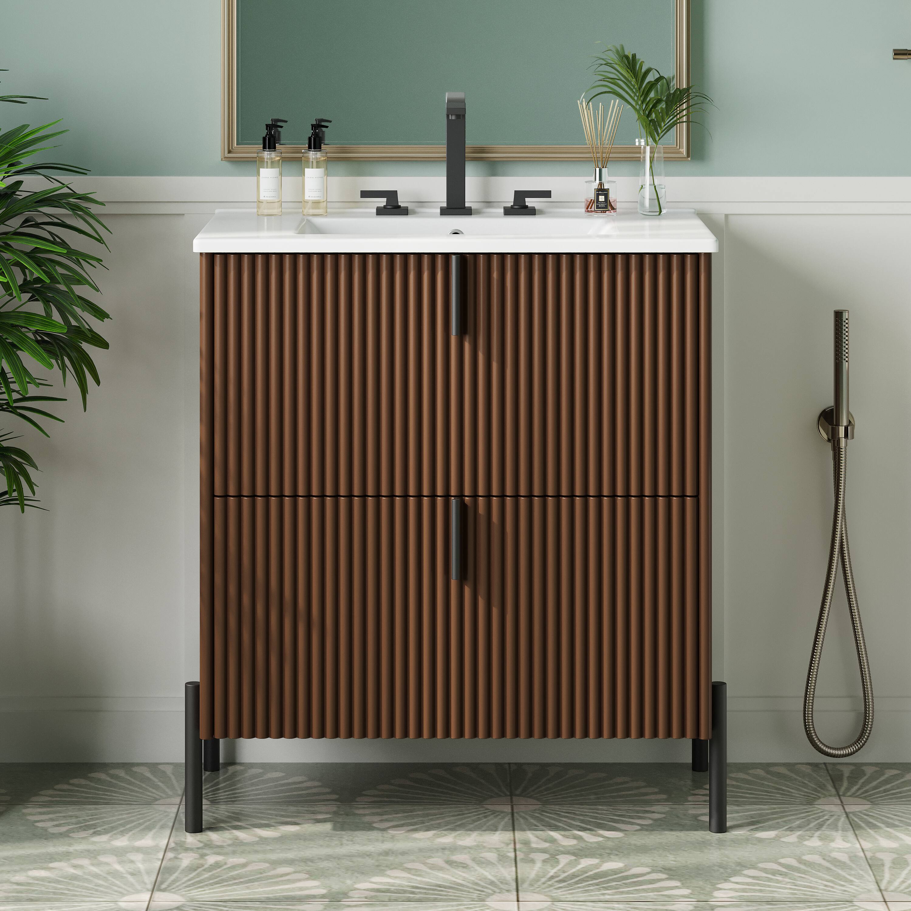 Left. Loheer - 2.5 ft Bathroom Vanity with Ceramic Sink and Soft-Close Drawer - Dark Brown.