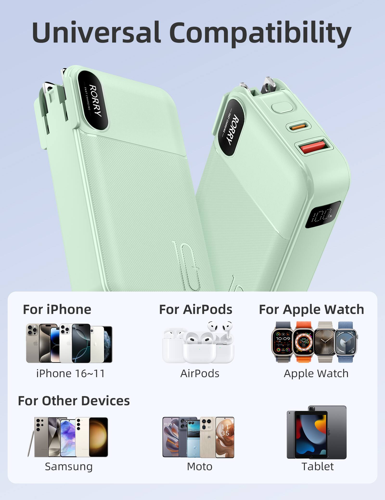Universal Compatibility

FAST CHARGING

For iPhone
iPhone 16~11

For AirPods
AirPods

For Apple Watch
Apple Watch

For Other Devices
Samsung
Moto
Tablet