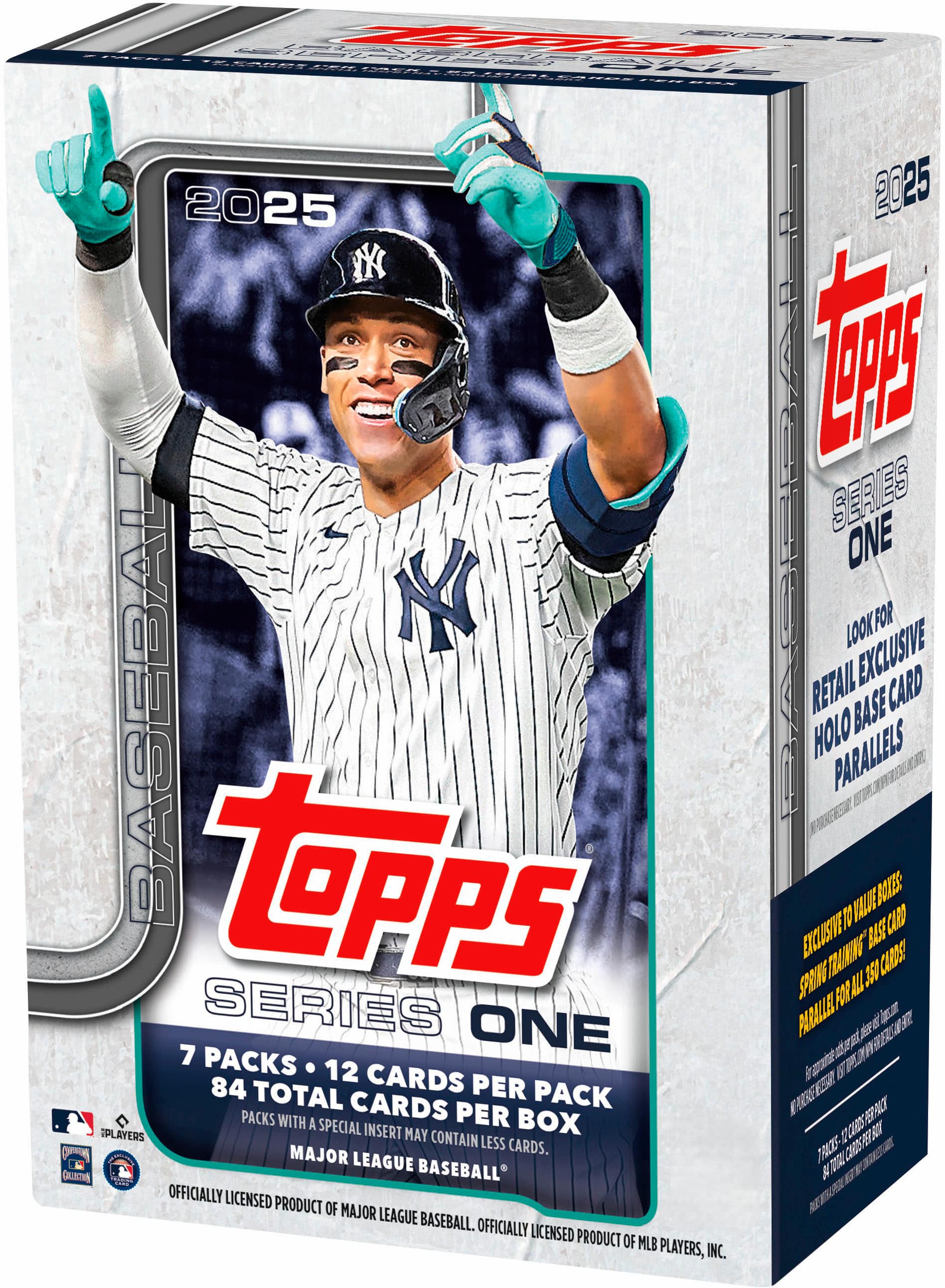 The text on the image reads: "Topps Series One 2025 2025 Baseball Card Packs 7 Packs 12 Cards Per Pack Total Cards Per Box 84 Cards Per Packs with a Special Insert in Every Box. Players Insert May Contain Less Cards. 1st Series of the Year. Officially Licensed Product of Major League Baseball. Officially Licensed Product of MLB Players, Inc."