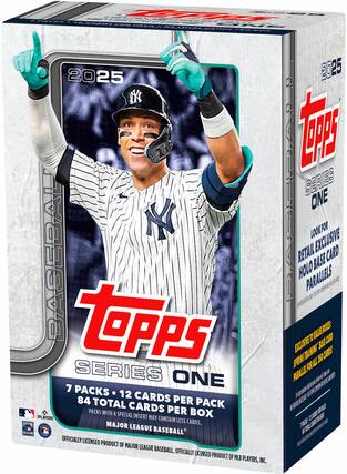 The text on the image reads: "Topps Series One 2025 2025 Baseball Card Packs 7 Packs 12 Cards Per Pack Total Cards Per Box 84 Cards Per Packs with a Special Insert in Every Box. Players Insert May Contain Less Cards. 1st Series of the Year. Officially Licensed Product of Major League Baseball. Officially Licensed Product of MLB Players, Inc."