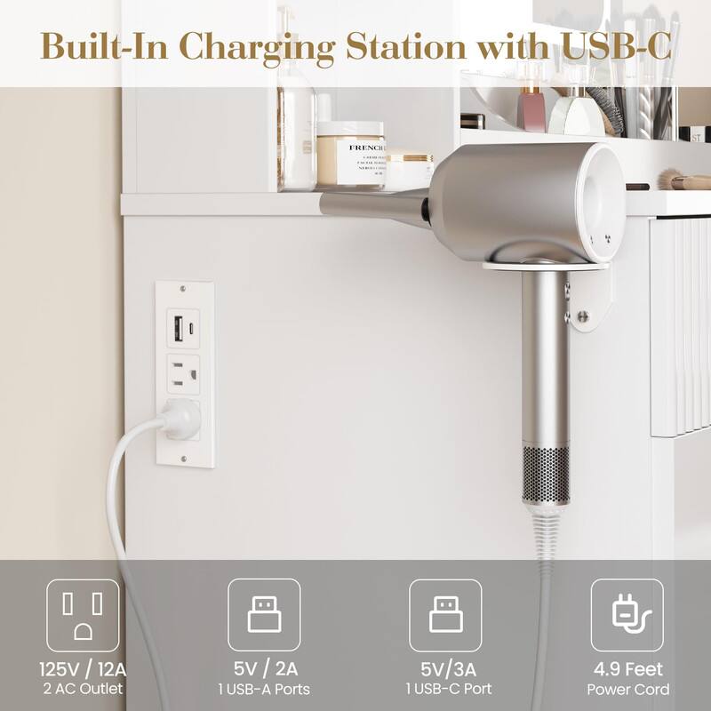 Built-In Charging Station with USB-C

- 125V / 12A 2 AC Outlet
- 5V / 2A 1 USB-A Ports
- 5V / 3A 1 USB-C Port
- 4.9 Feet Power Cord
