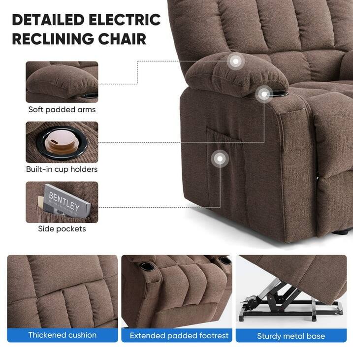 DETAILED ELECTRIC RECLINING CHAIR

- Soft padded arms
- Built-in cup holders
- Side pockets
- Thickened cushion
- Extended padded footrest
- Sturdy metal base