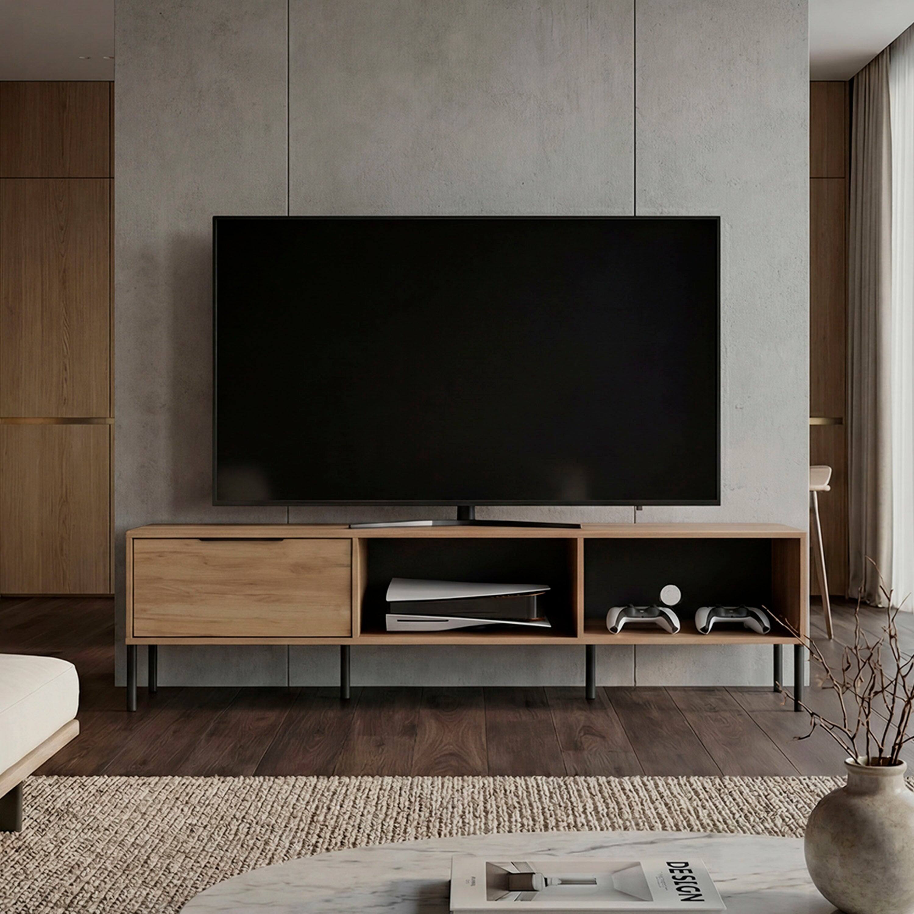 Angle. TuHome - Minimalist Manufactured Wood TV Stand with Storage Cabinet and Open Display Shelves Cabinet, Fits Up 65" TVs - Natural Oak.