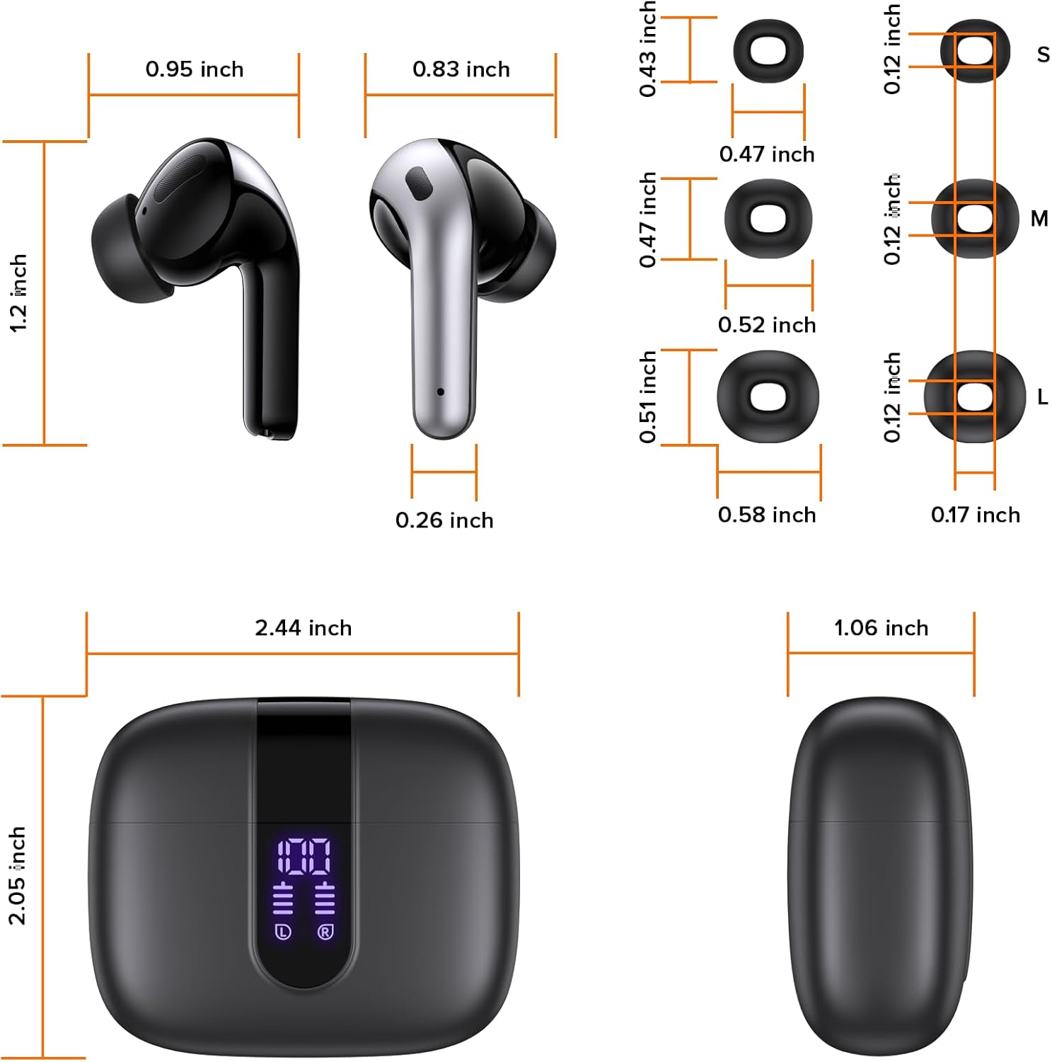 0.95 inch  
0.83 inch  
1.2 inch  
0.43 inch  
0.12 inch  
0.47 inch  
0.51 inch  
0.52 inch  
0.26 inch  
0.58 inch  
0.17 inch  
2.44 inch  
1.06 inch  
2.05 inch  

S  
M  
L