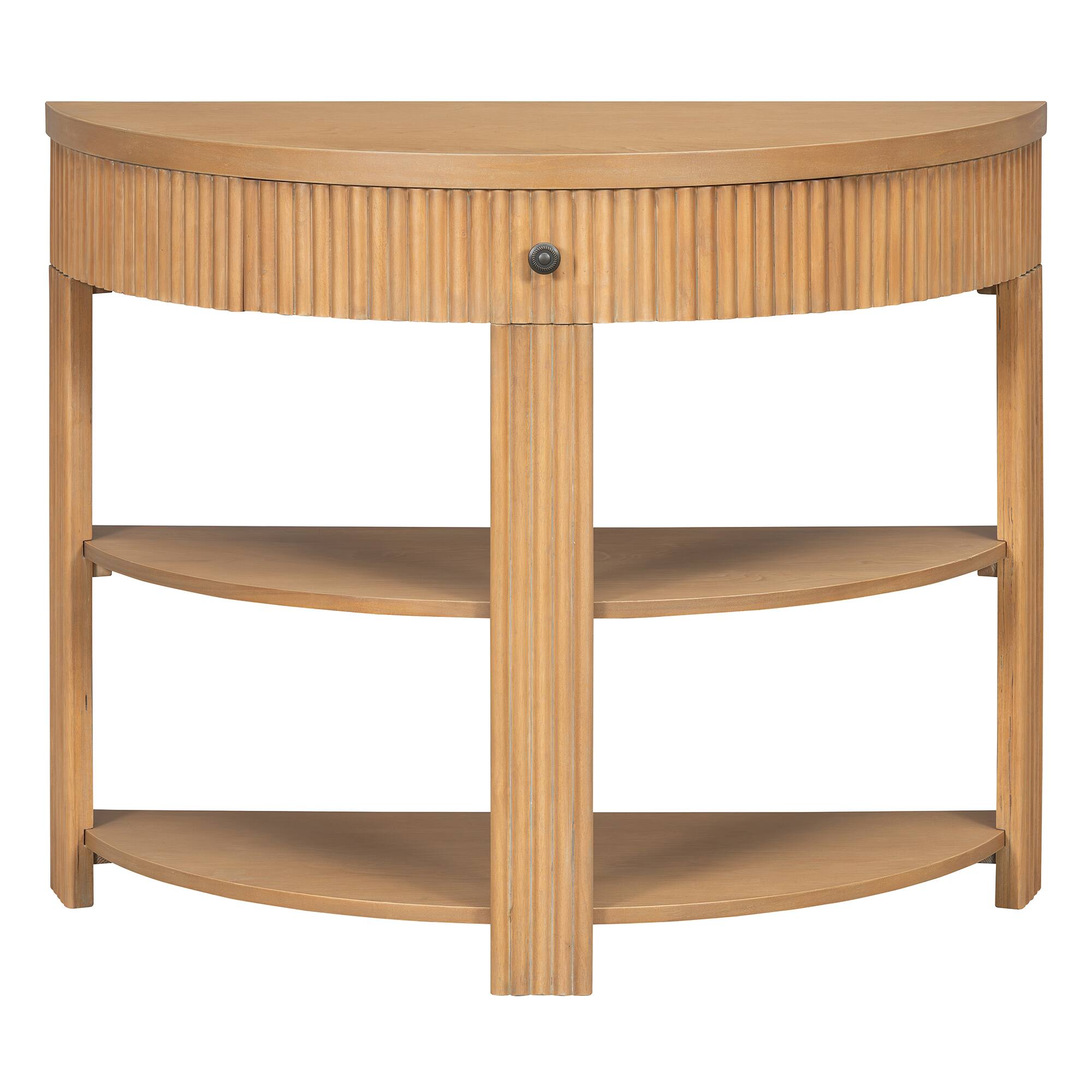Alt View 4. MERAVOM - Fluted Half Moon Console Table with Drawer and 2 Shelves, 3 Tier Sofa Table with Storage, Entryway Table for Living Room - Natural.