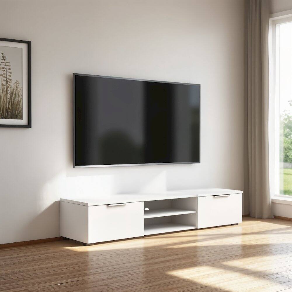 Alt View 2. FurniFact - White High Gloss TV Cabinet - Stylish TV Stand with Drawers and Shelves - White High Gloss.