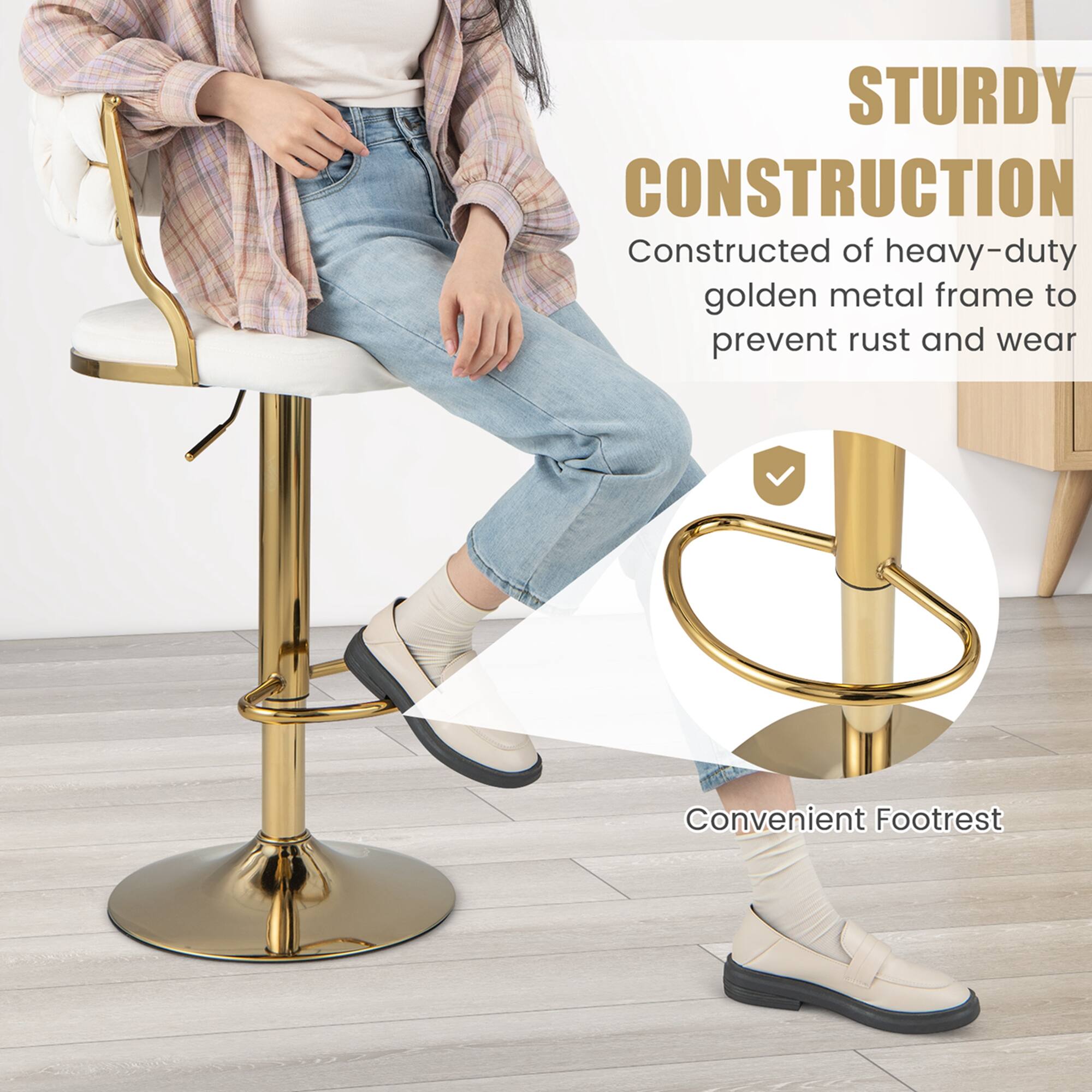 The text on the image reads: "Sturdy Construction Constructed of heavy-duty golden metal frame to prevent rust and wear Convenient Footrest."